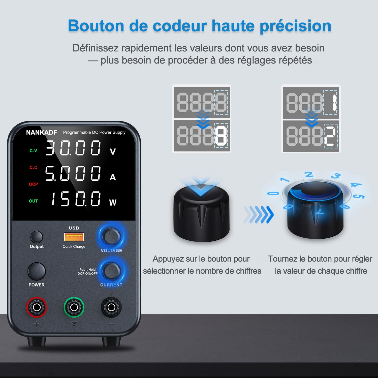 Alimentation DC (0-30 V, 0-5 A) réglable, alimenation à découpage, Alimentation de Banc de Laboratoire Variable, Bouton de Sortie Marche/arrêt/encodeur