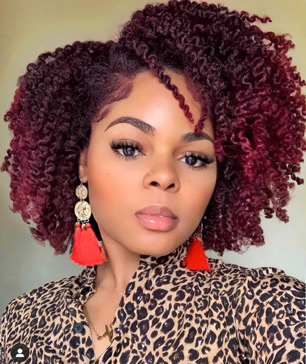 Short Kinky Curly Wigs Ombre Burgundy Side Part Wig Afro Bomb Curly Wig Twist Out Wig African American Wigs Heat Resistant Fiber Kinky Synthetic Full Wigs for Black Women (1B Burgundy) 1B/Burgundy