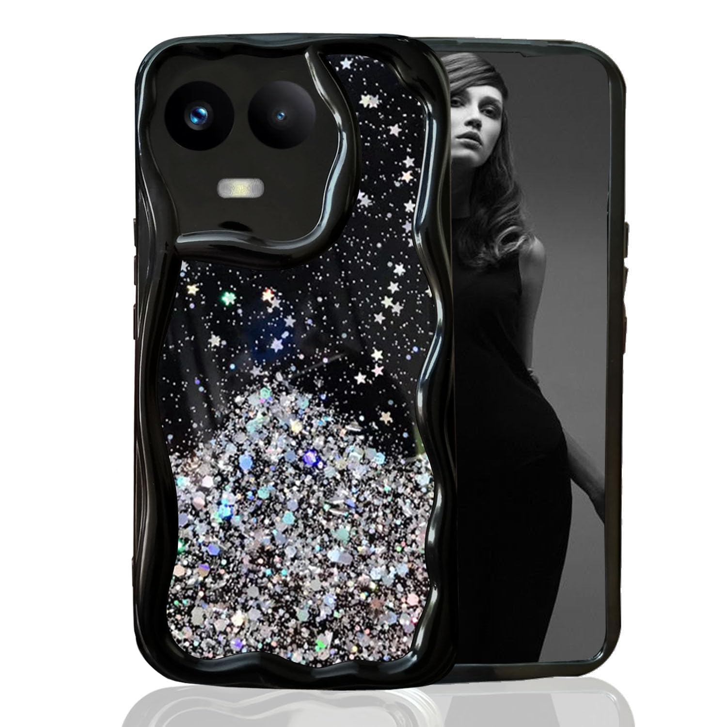 KC Back Cover for Realme Narzo 60X 5G, Realme 11 5G & Realme 11X 5G - 3D New Curly Wave Dry Fixed Non Moving Starry Glitter Shockproof Bumper Soft Silicone Case with Camera Protection (Black) (B0D3B35K7S) Amazon Price History, Amazon Price Tracker
