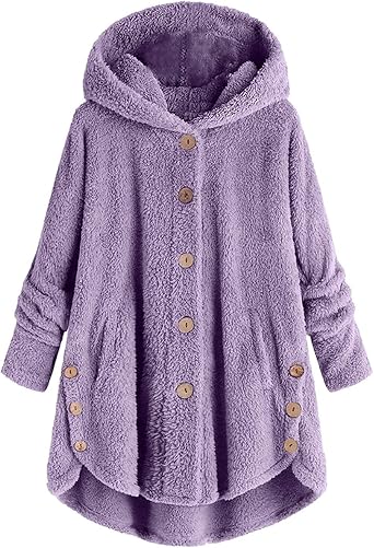 SMIDOW Fuzzy Fleece Hooded Button Down Jacket For Women Oversized Warm Winter Sherpa Cardigan Coat Loungewear