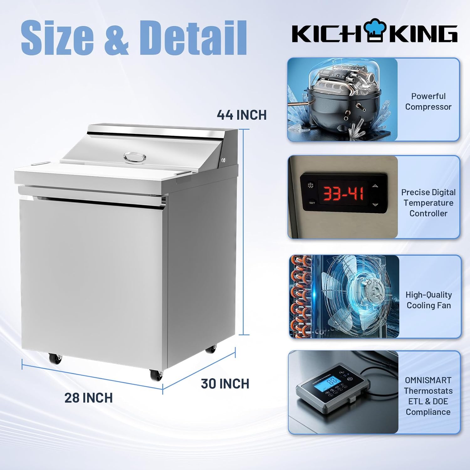 KICHKING 27” W Commercial Refrigerators 7 Cu.ft Sandwich&Salad Prep Table Stainless Steel Counter Single Door Fan Cooling Refrigerator 8 Pans for Salad Bars, Quick-Service Restaurant