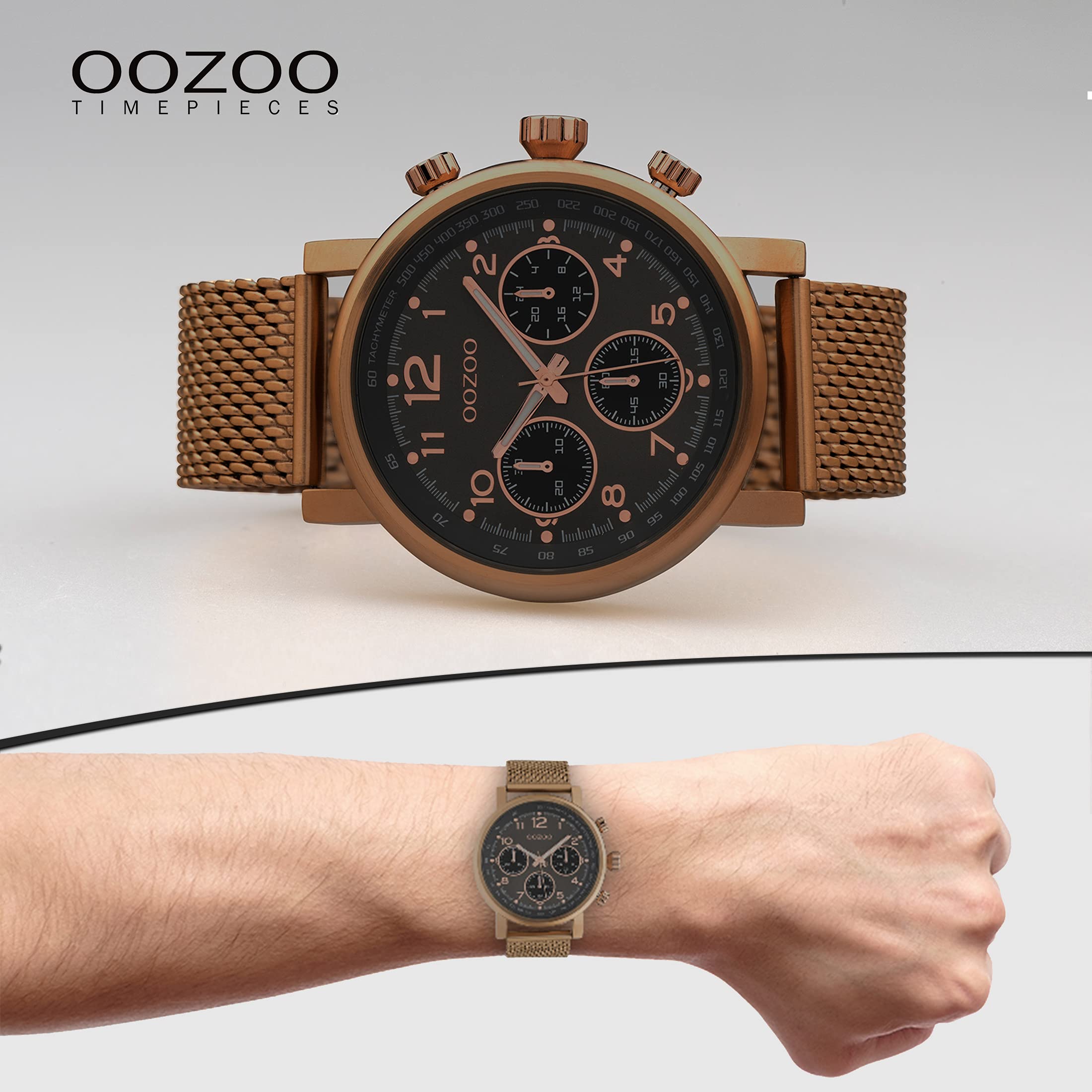Oozoo Orologio da uomo Chrono Look con cinturino in maglia milanese, 45 mm, marrone / nero, groß, Bracciale