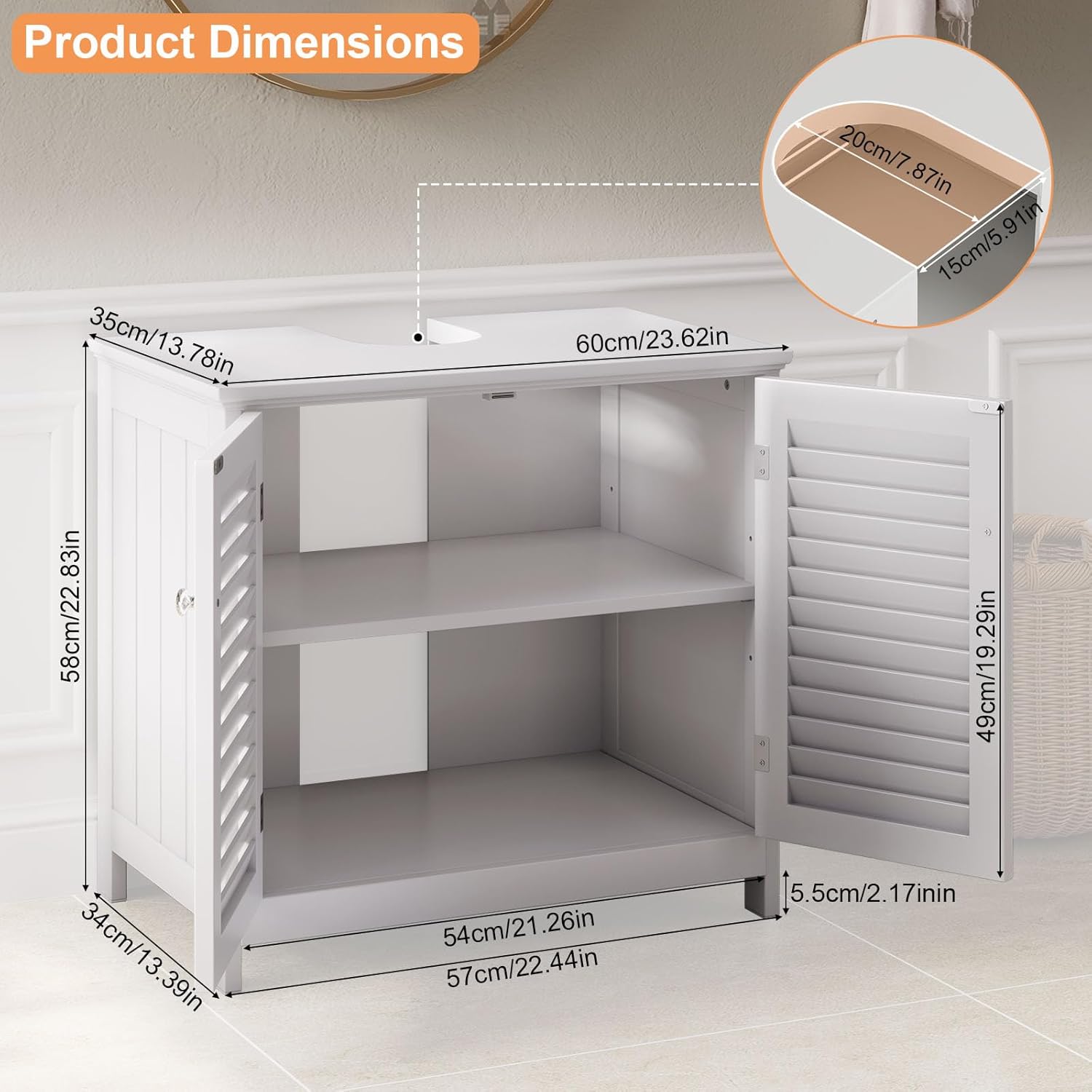 U-Shaped Pedestal Sink Storage Cabinet with 2 Doors & Shelf, Freestanding Bathroom Vanity Organizer Under Sink, 60cm Wide MDF Cupboard for Toiletries & Cleaning Supplies, White