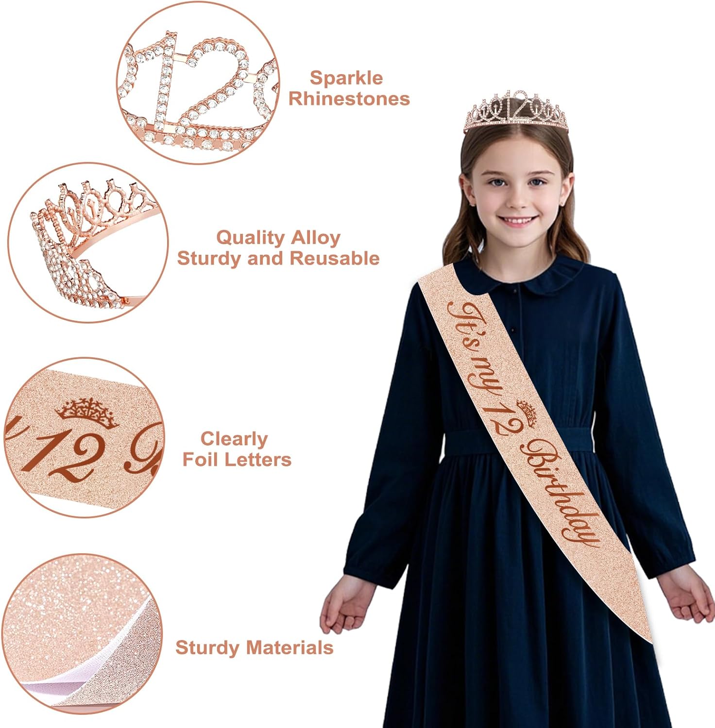 12th Birthday Decorations for Girls, 49pcs Black Rose Gold Black Banner, Tablecloth, Butterfly Decor, 12th Birthday Sash and Tiara, Cake Topper, Candles, Balloons Arch - Image 4