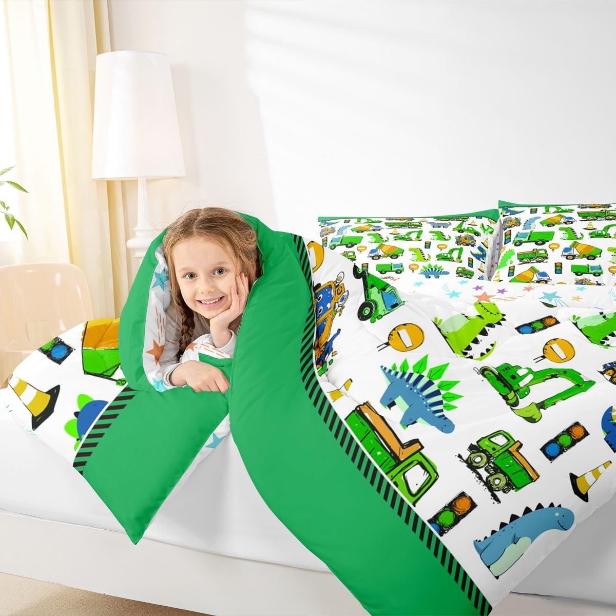Feelyou Kids Construction Comforter Set Queen Boys Cute Cartoon Dinosaur Comforter for Toddler Super Soft Equipment Trucks Car Bedding Set Machinery Truck Dino Quilt Set Room Decor Duvet Set
