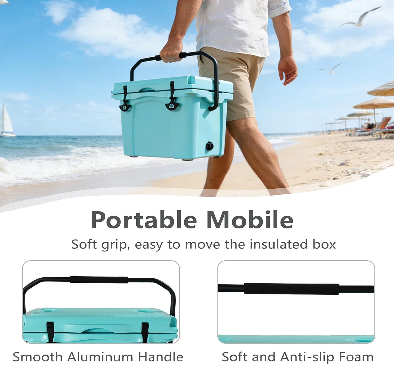 25QT ice Coller with Bottle Opener, Cup Holder, Forming Ruler and Portable Handle Outdoor Insulated Cooler Long-Term Insulation, for Camping, Fishing and Everyday Use