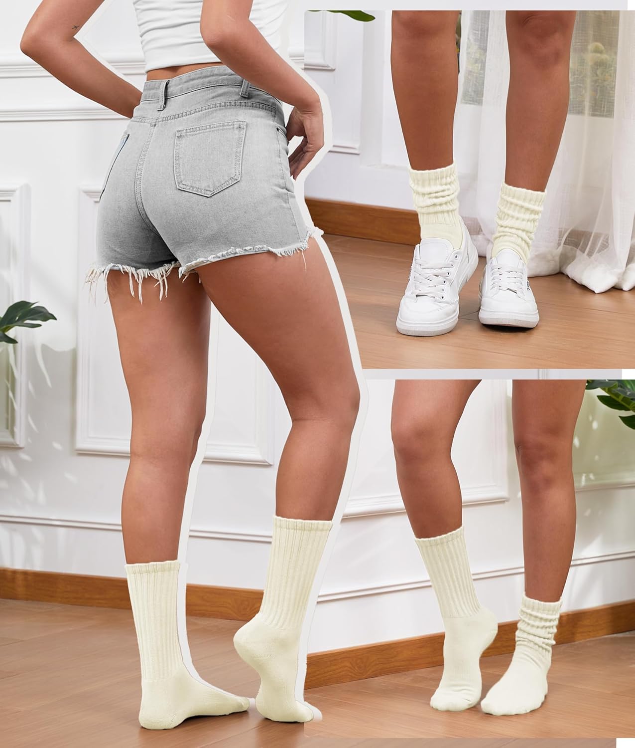 Scrunch Crew Socks 3 Pack – Retro Slouchy Cotton Calf Socks for Men & Women Cushioned Solid Stacked Boot & Sneaker - Image 4