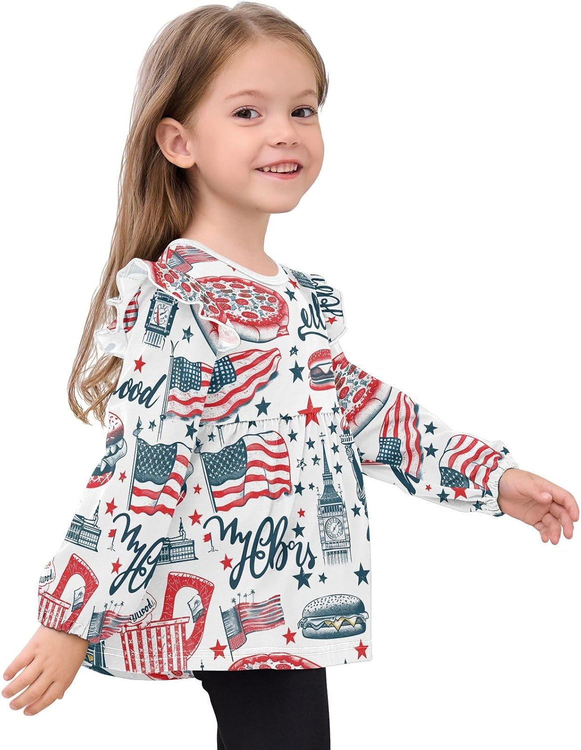 visesunny Toddler Clothes for Girls American Fast Food Long Sleeve Fall Shirts Cotton Top with Ruffle Collar