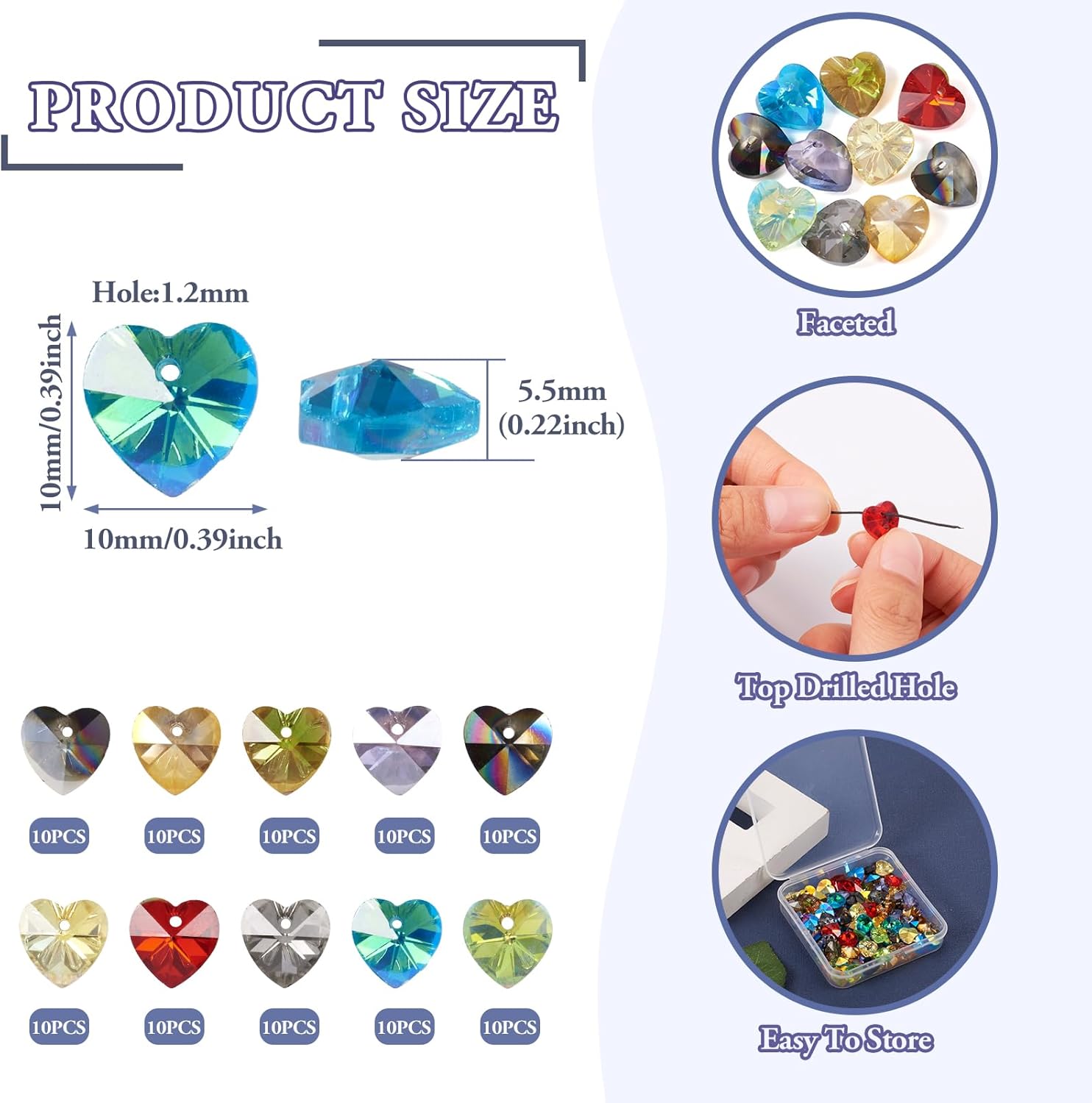 100Pcs Heart Faceted Glass Beads Transparent Crystal Love Heart Spacer Beads 10x10mm 10 Colors for Earrings Necklace Bracelet Jewelry Making Crafts - Image 2
