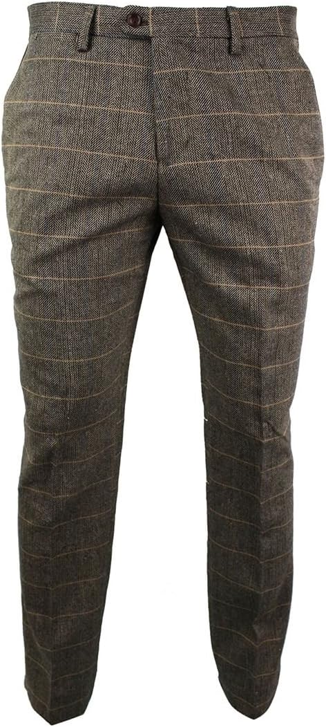 Mens Vintage Tweed Check Trouser Herringbone Tan Brown Slim Fit Regular