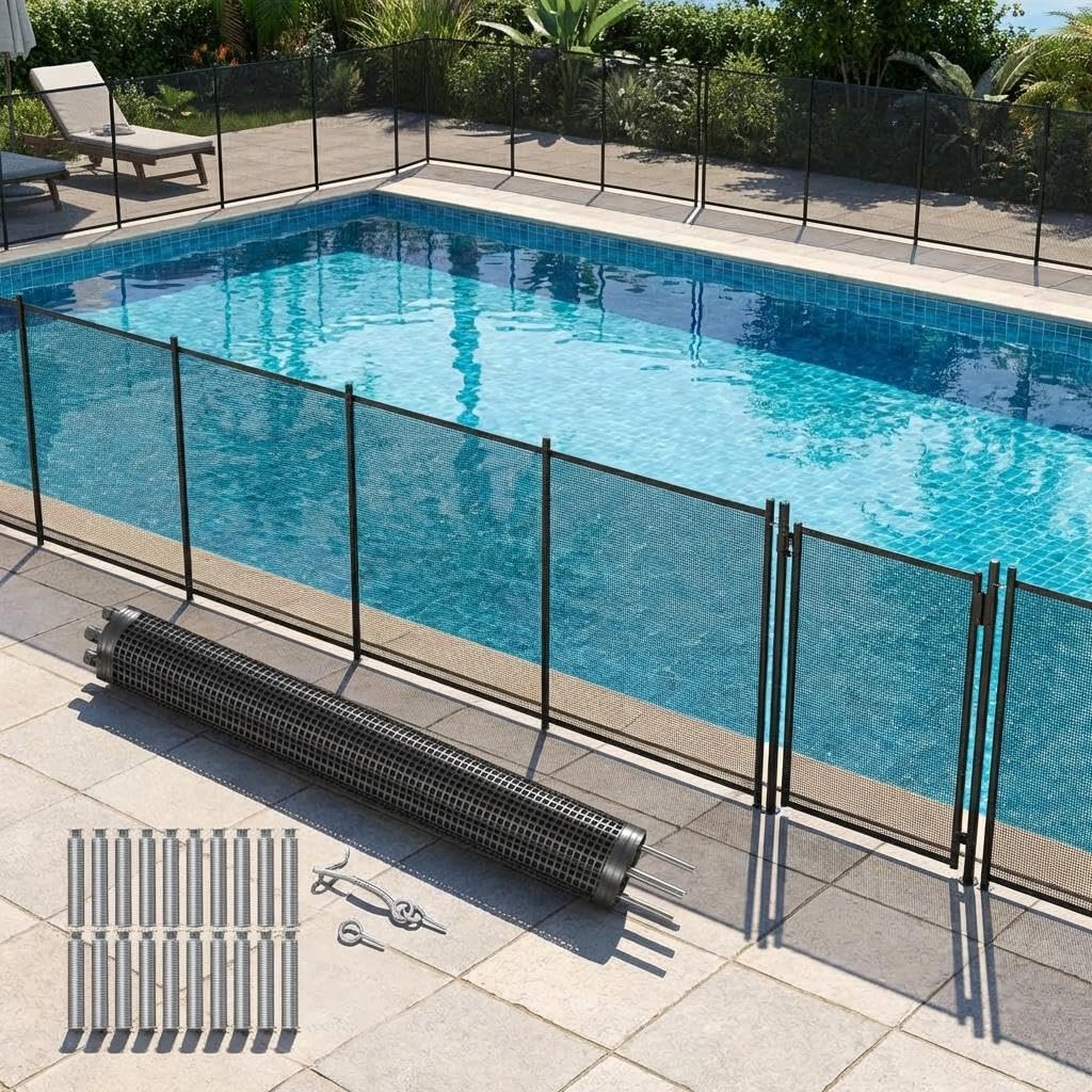 Swimming Pool Safety Fence & Gate Kit, 4ft x 12ft Mesh, Secure Lock, Stainless Steel Feet, No-Drill Install for Inground & Above Ground Pools