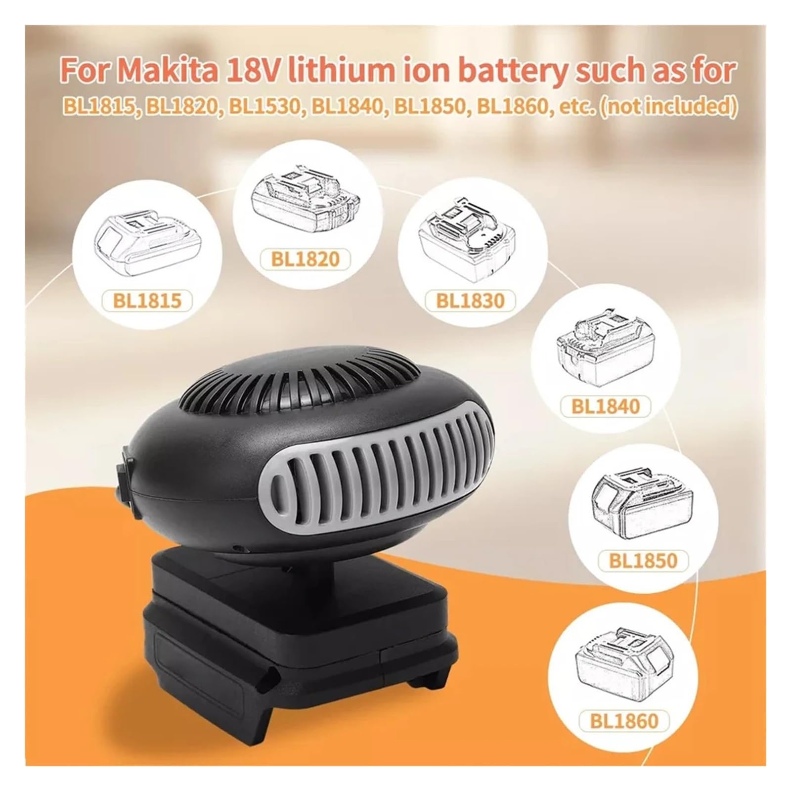 Calentador eléctrico de ventilador de 2 velocidades, 18 V, alimentado por batería for BL1815, BL1820, BL1530, BL1840, BL1850 y BL1860