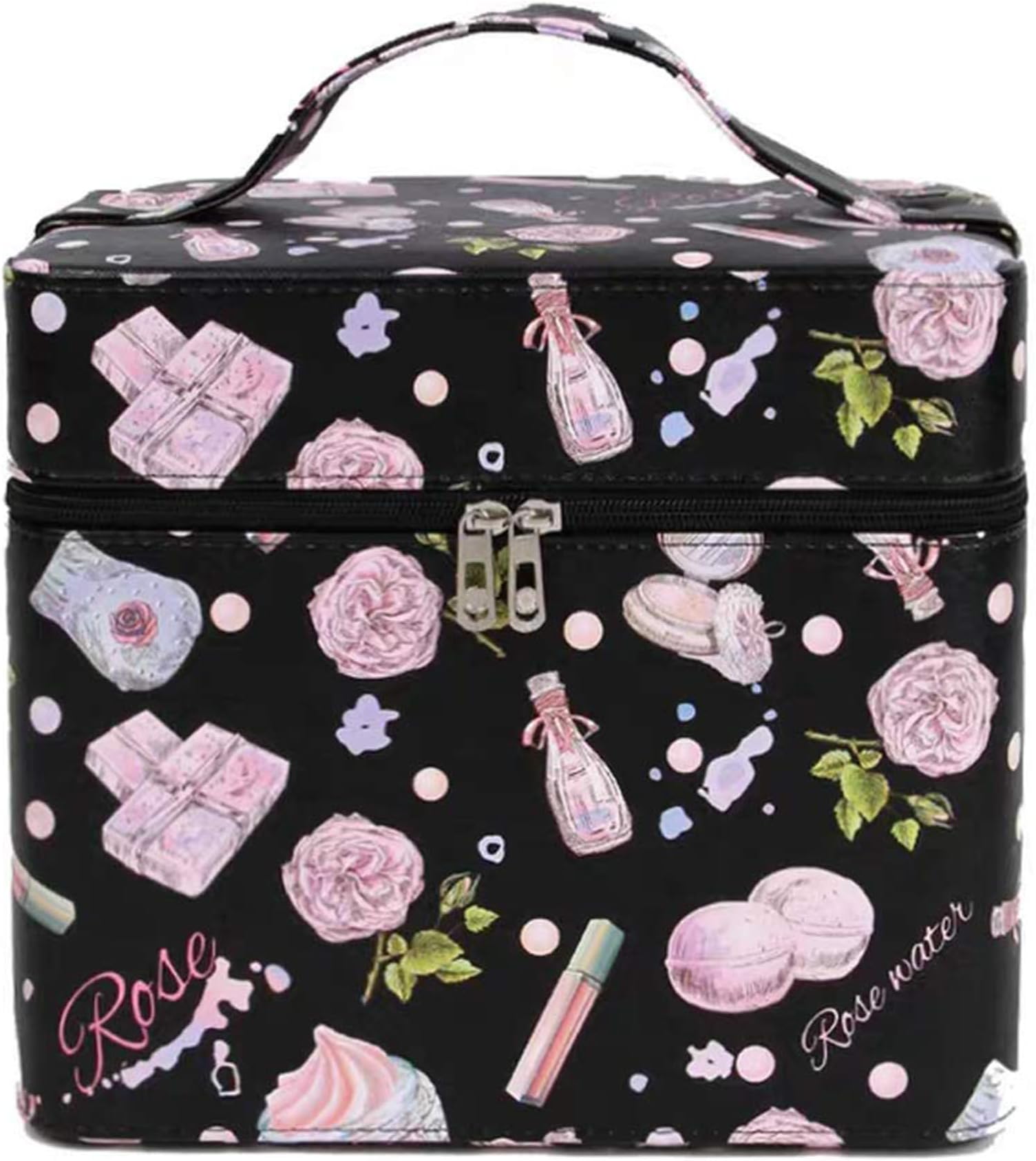 SIBY Leather Travel Rose Printed 3 Layer Makeup Storage Vanity Box Makeup Organizer Storage Box Container Case Cosmetic Bag Storage Box For Women(Without Makeup Item),1Pc(Black Color)
