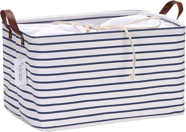 Hinwo 31L Large Capacity Storage Basket Canvas Fabric Storage Bin Collapsible Storage Box with PU Leather Handles and Drawstring Closure, 16.5 by 11.8 inches, Waterproof Inner Layer, Navy Blue Stripe