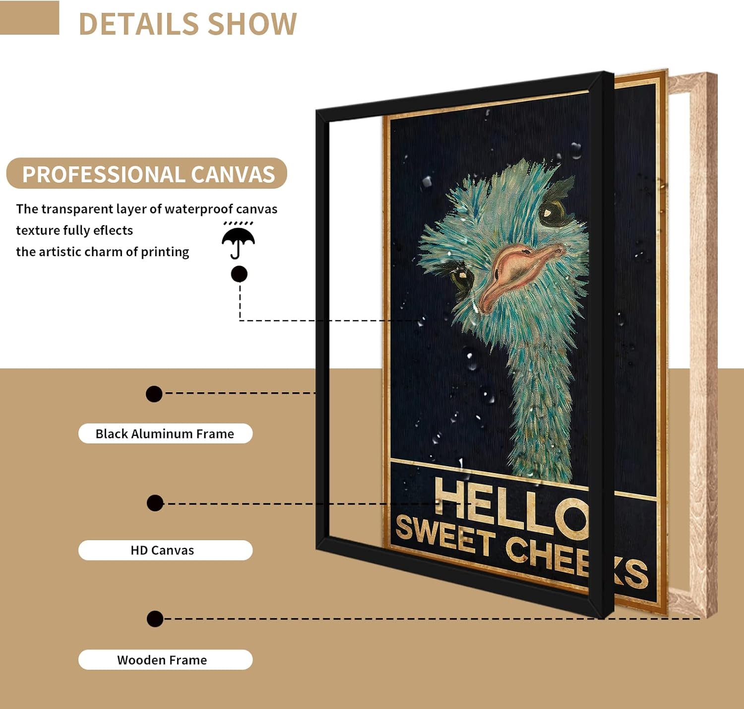 Adyggefy Framed Vintage Funny Animal Bathroom Canvas Wall Art Rustic Cute Ostrich Hello Sweet Cheeks Quotes Aesthetic Posters Modern Trendy Animals Pictures Retro Comical Toilet Prints 12x16in