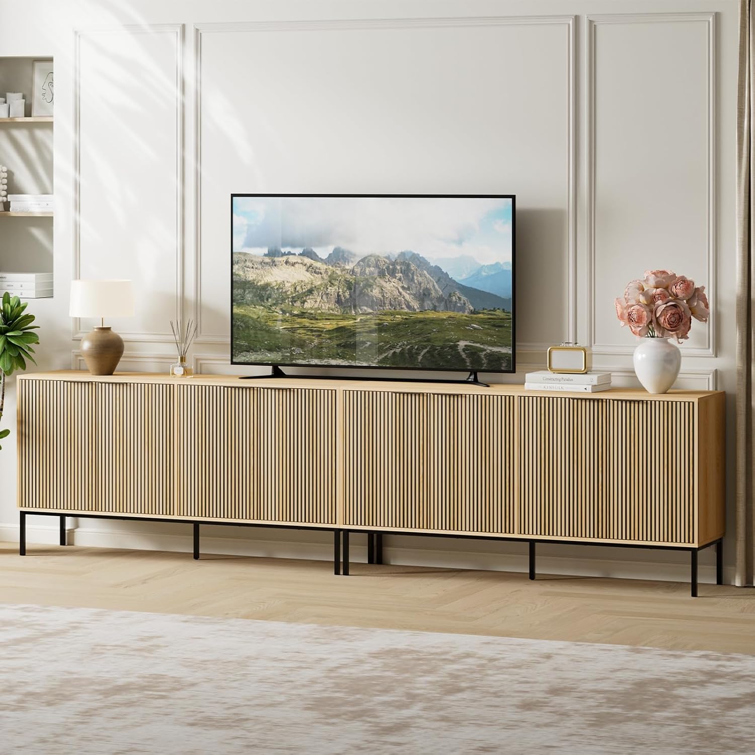 TV Stand for 120 Inch TV, Modern TV Stand, Entertainment Center with Storage Cabinets, Adjustable Shelves, Black Handle&Metal Square Legs, Wood Media Cabinet for Living Room, Natural Wood