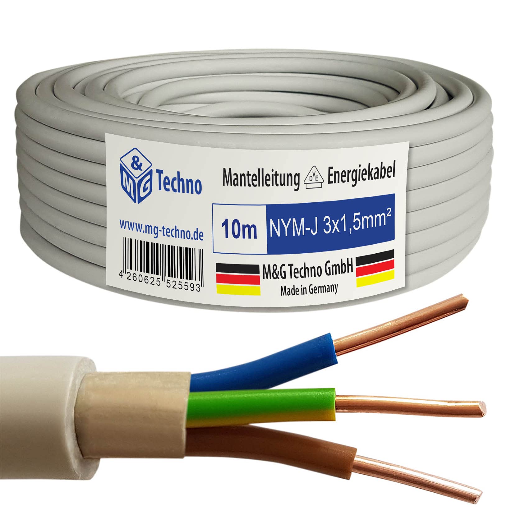 M&G Techno 10m NYM-J 3x1,5 mm² Mantelleitung Feuchtraumkabel Elektrokabel Kupfer Made in Germany