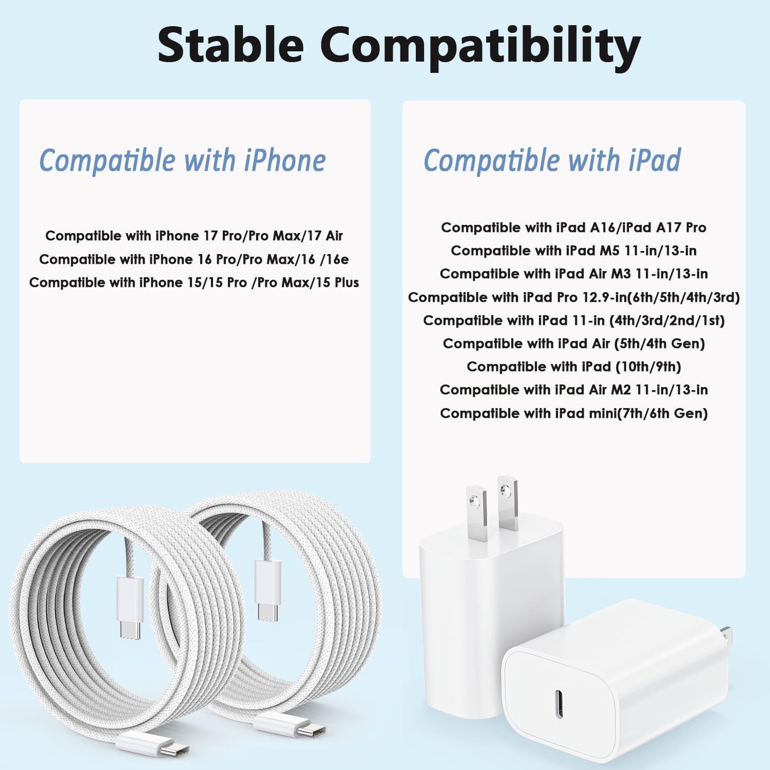 10FT iPhone 17/16 Charger Fast Charging,2Pack 20W USB-C Block Type C Chagrer Power Adapters 10Foot Long Super Charging Woven Cable for iPhone 17E/17/17 Pro Max/Air/16/16 ProMax/15/15 Pro/iPad Pro/Air