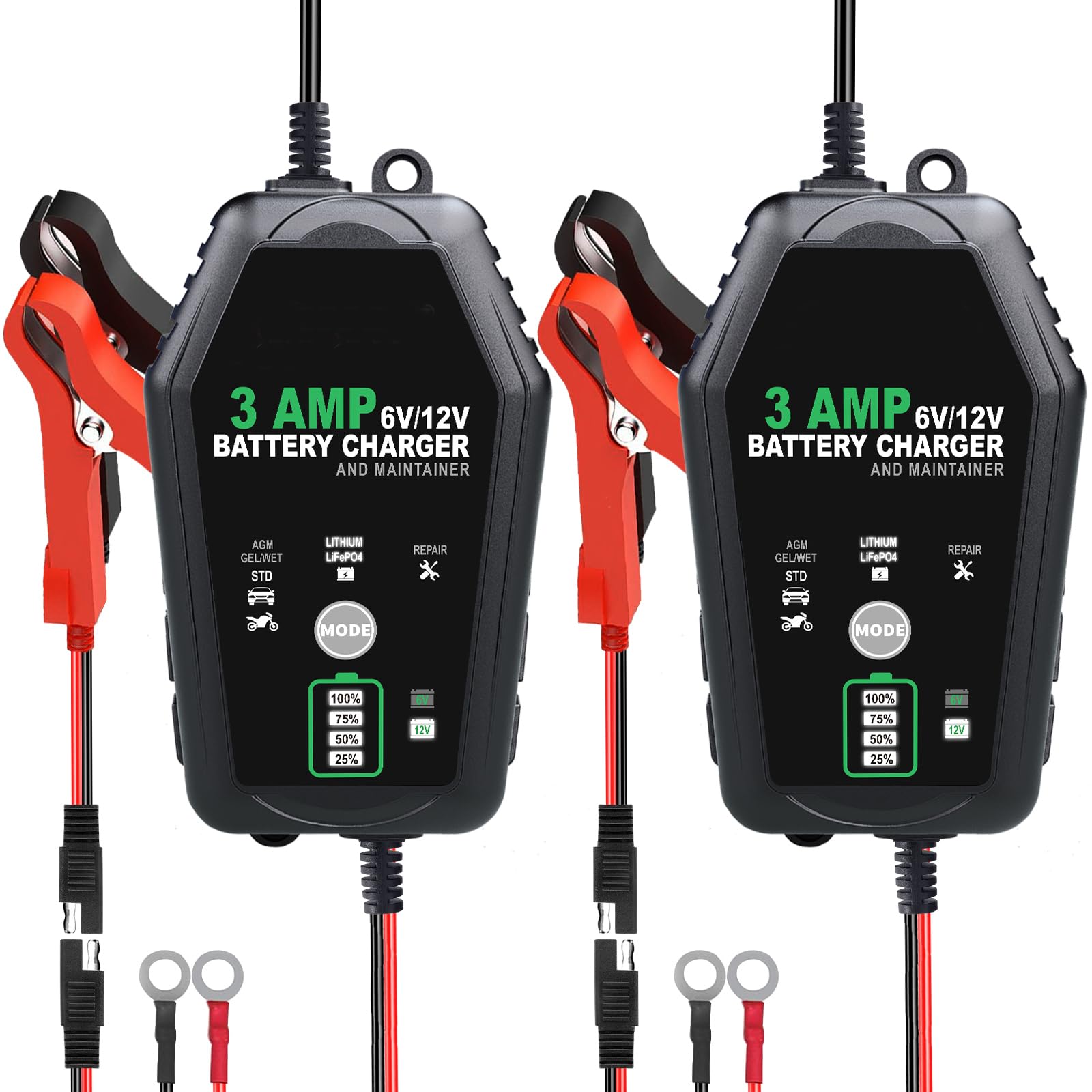 2 Pack Car Battery Charger, 6V/12V 3 AMP Smart Battery Charger, Fully Automatic Automotive Battery Maintainer Trickle Charger for Car, Motorcycle, Boat, Lead-Acid, Lithium, LiFePo4 Batteries