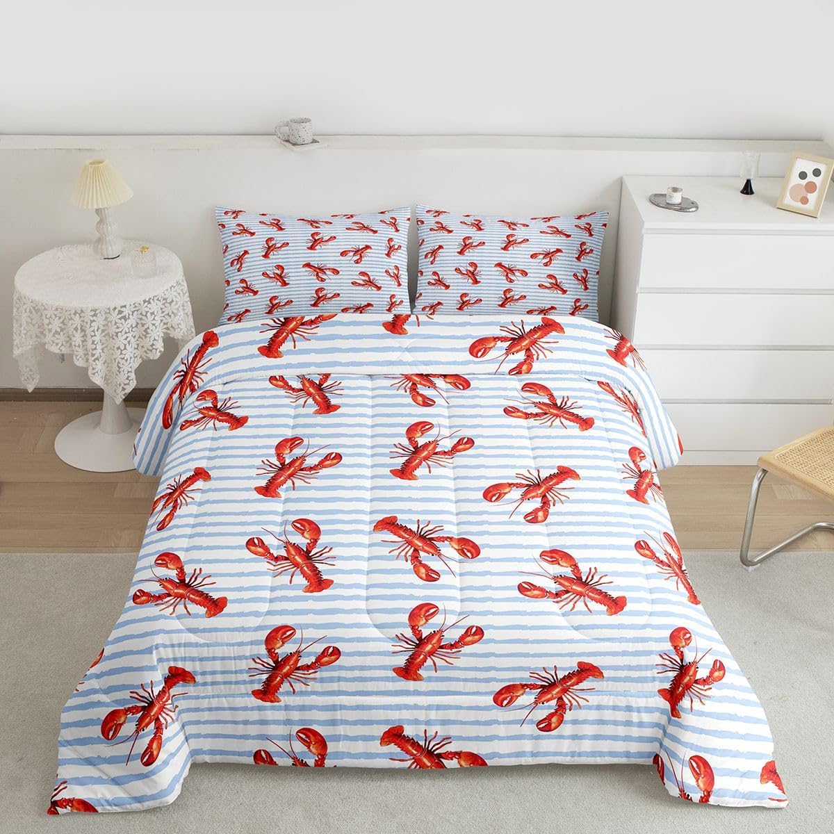 Erosebridal Lobster Comforter Set Twin Nautical Bedding Set Retro Cartoon Ocean Stripes Marine Life Sea Wild Animals Down Comforter Red Blue Aquatic Sea Coastal Seaside Vintage Rustic Quilted Duvet