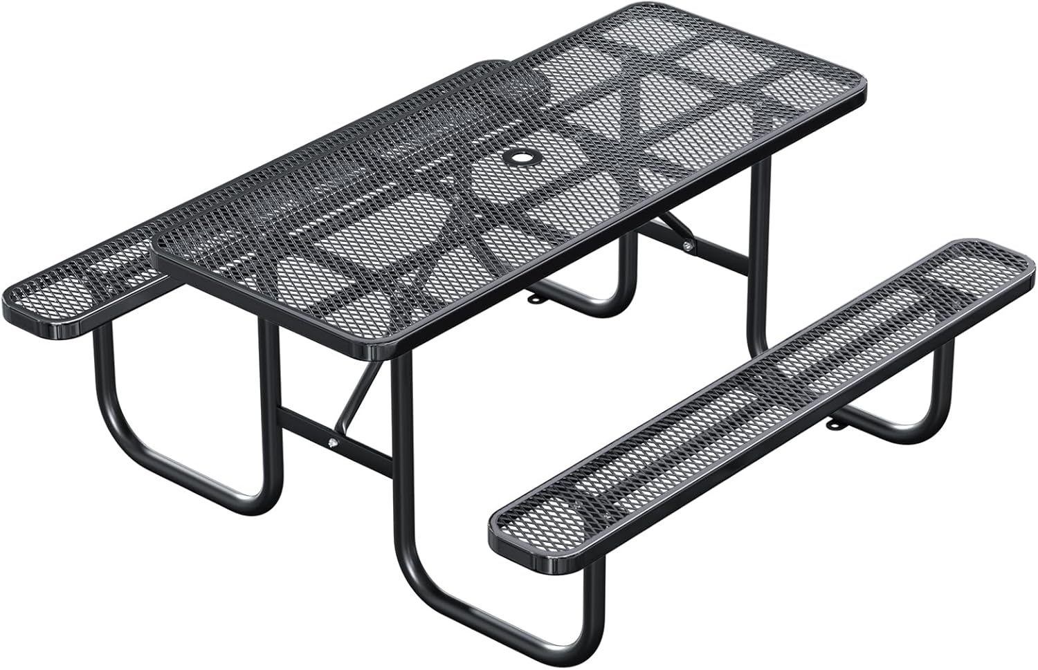 6FT Rectangular Outdoor Picnic Table and 2 Benches Set with Umbrella Hole, Metal Expanded Commercial Steel Heavy Duty Sturdy Picnic Tables Furniture Set for Yard Patio Lawn Party Coffee, Black