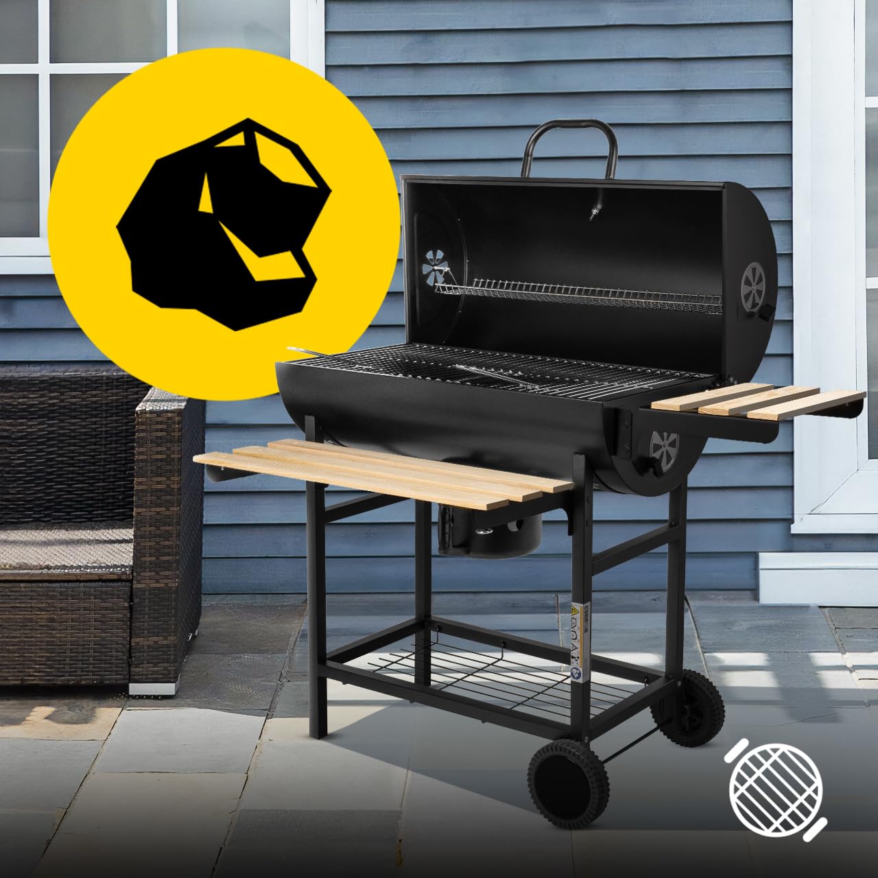 MalTec BigBend GM2020 grill na węgiel drzewny, okrągła beczka z fartuchem, grillem ogrodowym, kółkami, z pokrywką, dodatkowe półki
