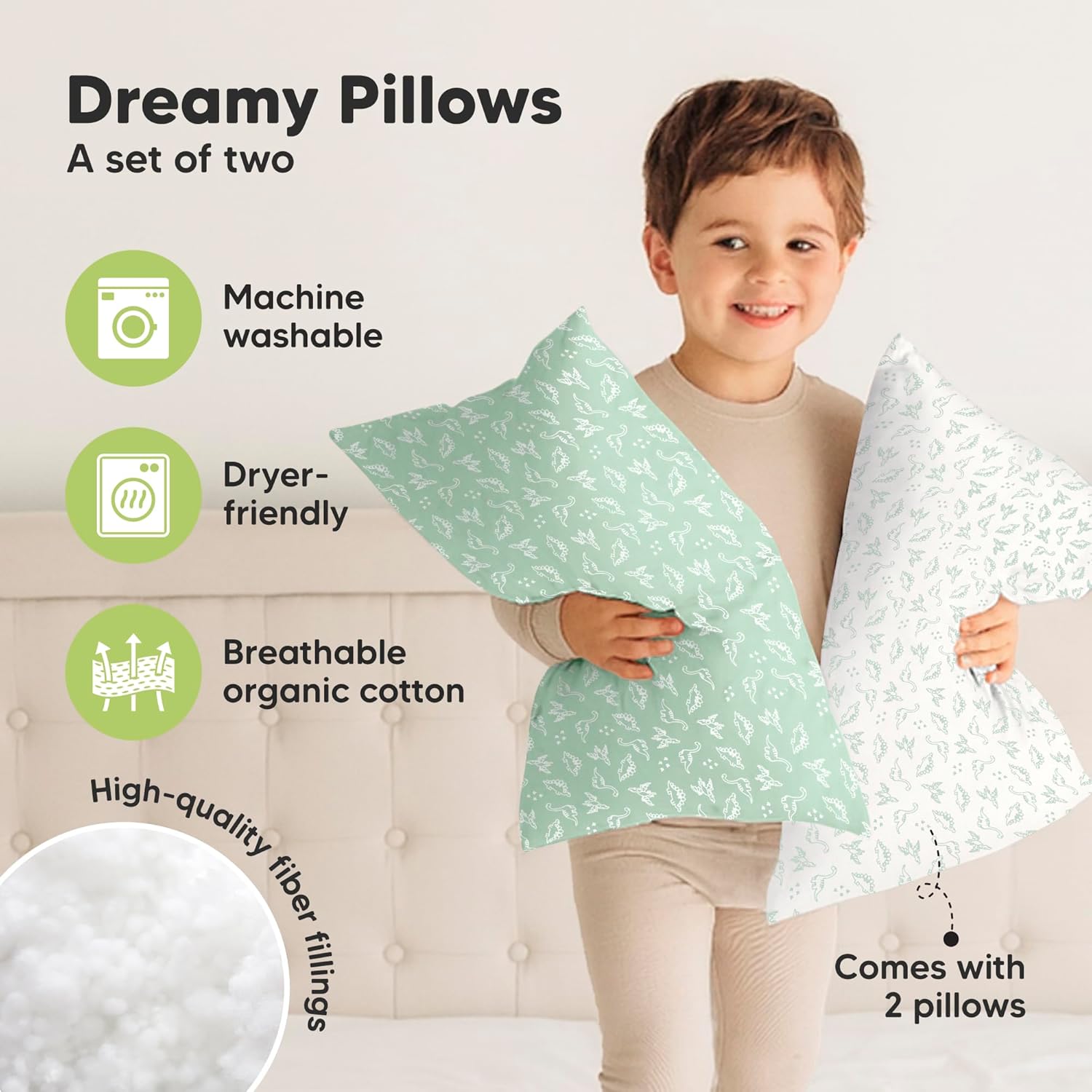 KeaBabies 2-Pack Toddler Pillows 2 Year Old to 5-13x18 Soft Organic Cotton Kids Pillow for Sleeping, Travel, School, Daycare, Nap, Toddler Bed, Machine Washable, Without Pillowcase (DinoLand) - Image 4
