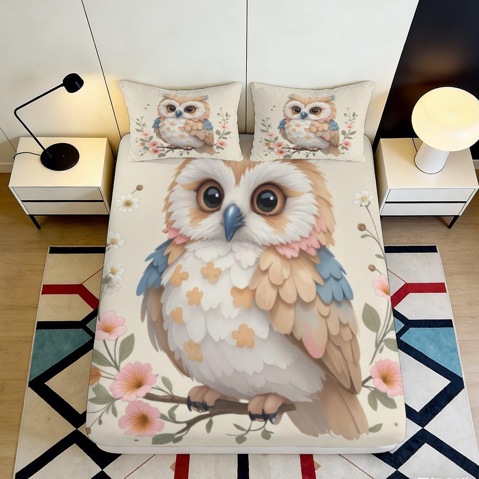 3D Printed Cartoon Owl Fitted Sheet Microfiber Soft Floral Bed Cover for Bedroom Guest Room Decor Protection 90x200x25cm