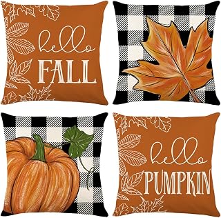 GAONINI Fall Pillow Covers 18x18 Set of 4, Buffalo Plaid Pumpkin Maple Leaves Fall Pillows Decorative Throw Pillows Outdoor, Farmhouse Autumn Cushion Case Fall Decorations for Home Q05