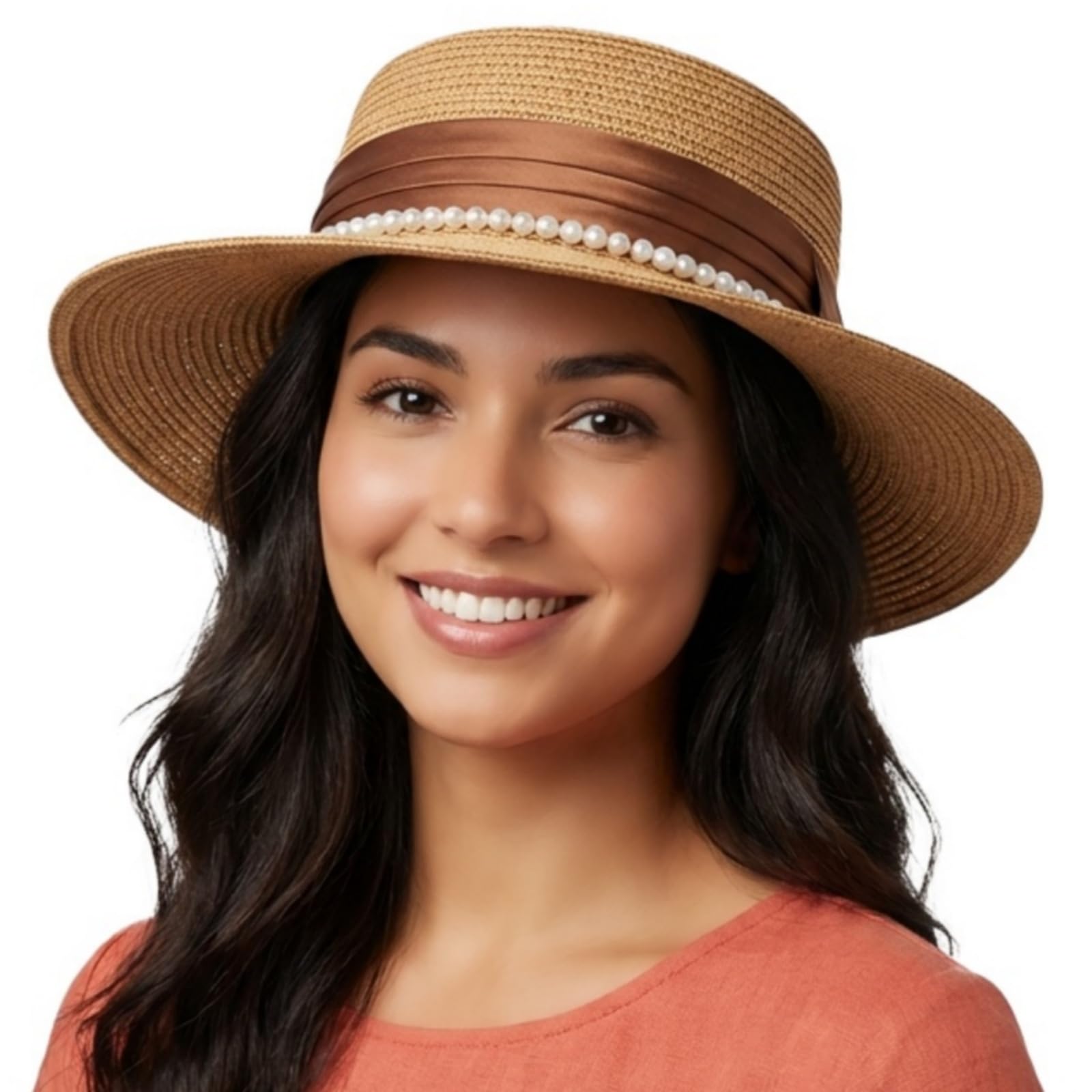 Stroh Sommerhut Damen mit Perlenverzierung - UV-Schutz Flat Top Strohhut Damen Strandhut Breiter Krempe Panamahut für Urlaub Strand und Reisen