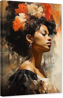 ARTZGX African American Wall Art Black Woman Canvas Head Flower Picture Floral Girl Portrait Painting for Bedroom Decor Frame(Woman - C 16.00" x 24.00")