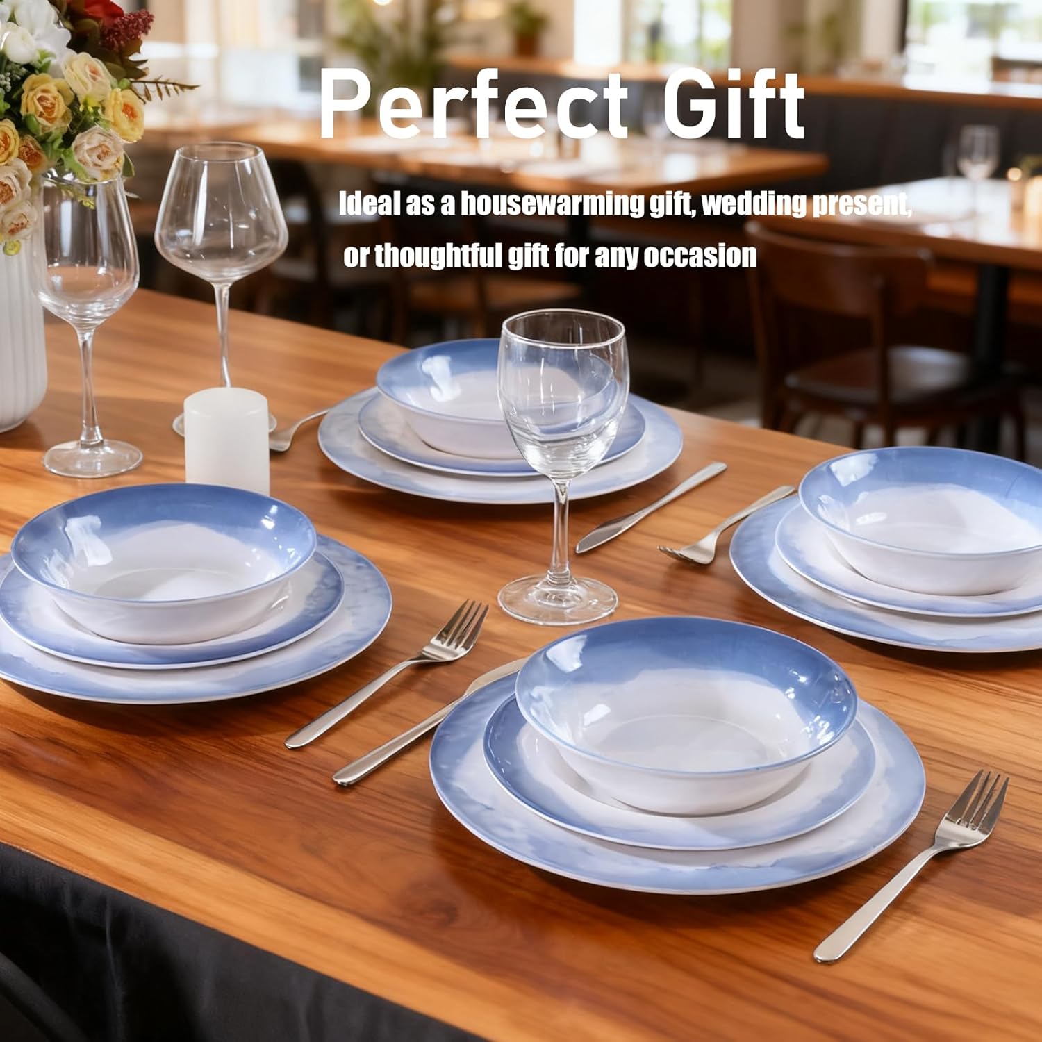 Melamine Dinnerware Sets- 12pcs Melamine Plates and Bowls Set for 4, Suitable for Indoor and Outdoor Use, Blue