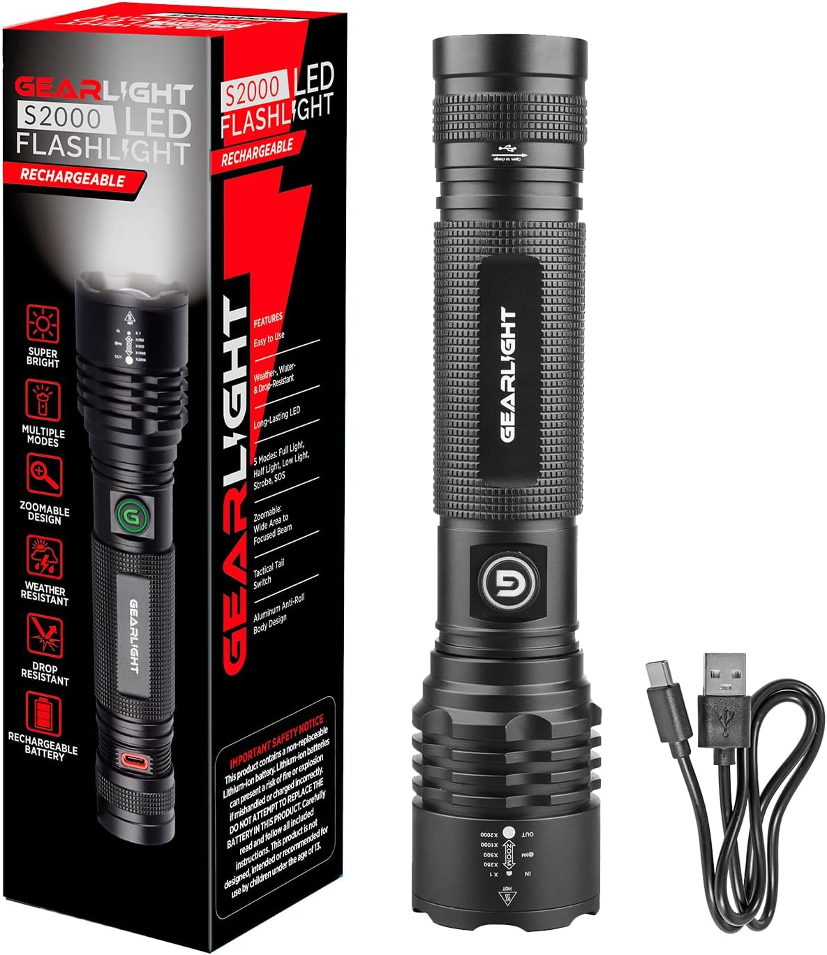 S2000 LED Rechargeable Flashlight High Lumens - Super Bright, Powerful, Mid-Size Tactical Flashlight for Outdoor Activity & Emergency Use