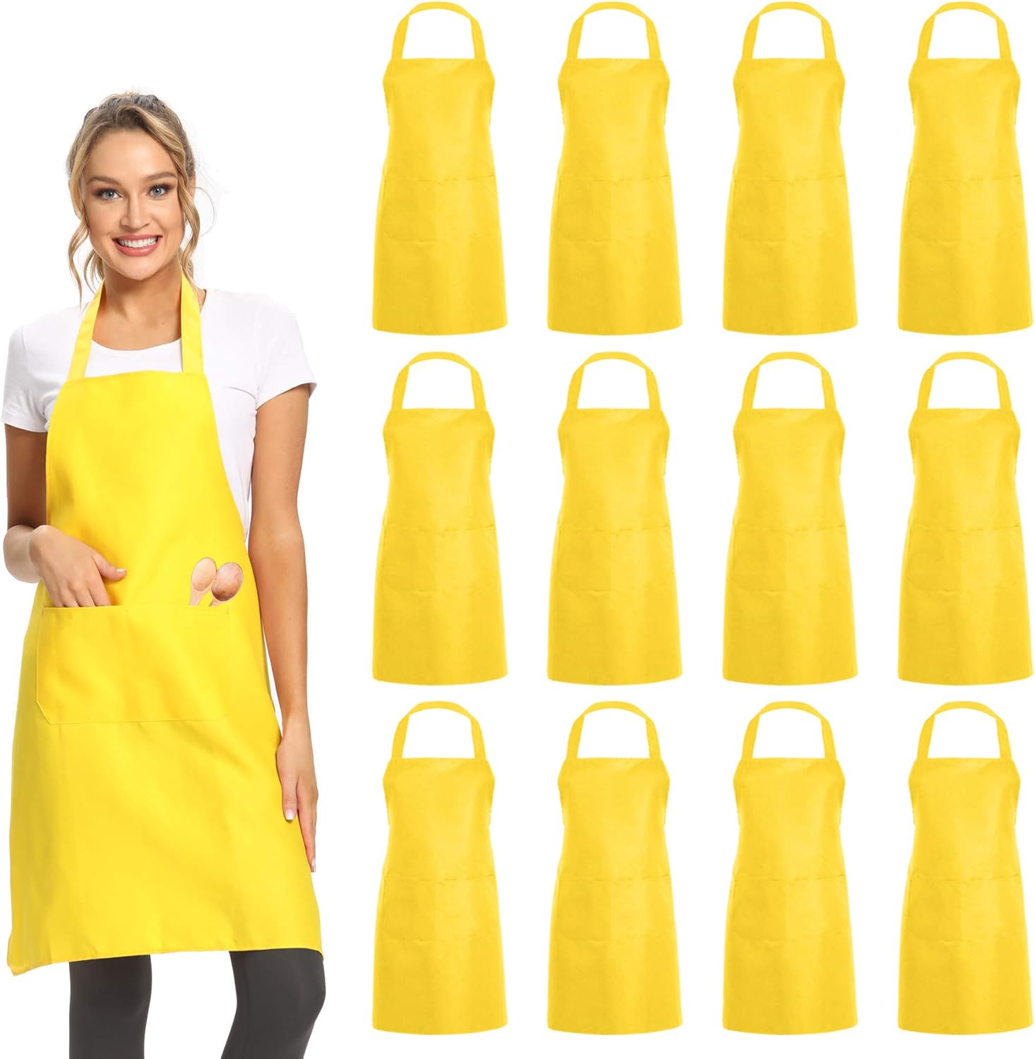 DUSKCOVE 12 Pack Plain Bib Aprons with 2 Pockets – Yellow Unisex Commercial Apron Bulk for Kitchen Cooking Restaurant BBQ Painting Crafting