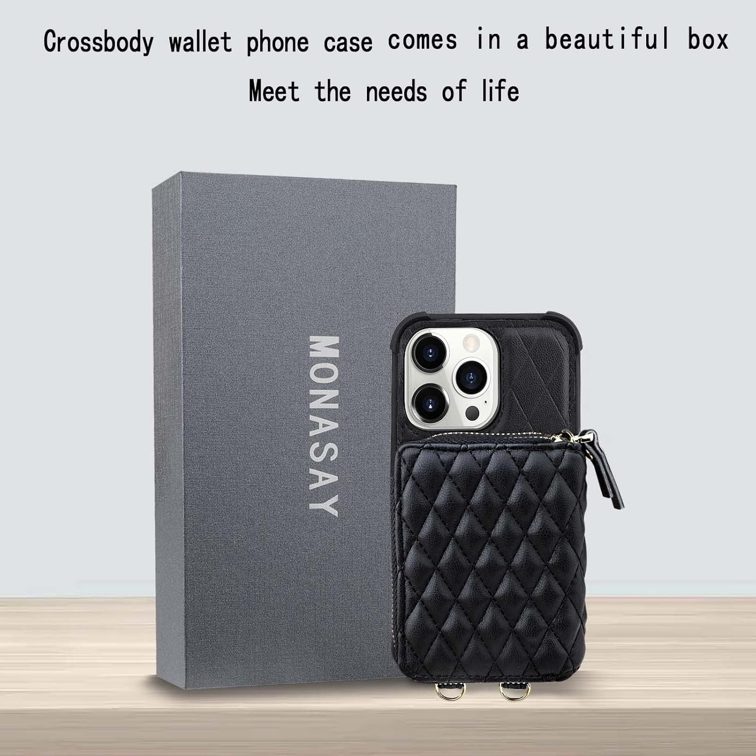 MONASAY Zipper Wallet Case Fit for iPhone 14 Pro, 6.1in [Glass Screen Protector ][RFID Blocking] Flip Leather Handbag Phone Cover with Card Holder,Detachable Crossbody Lanyard Strap, Black