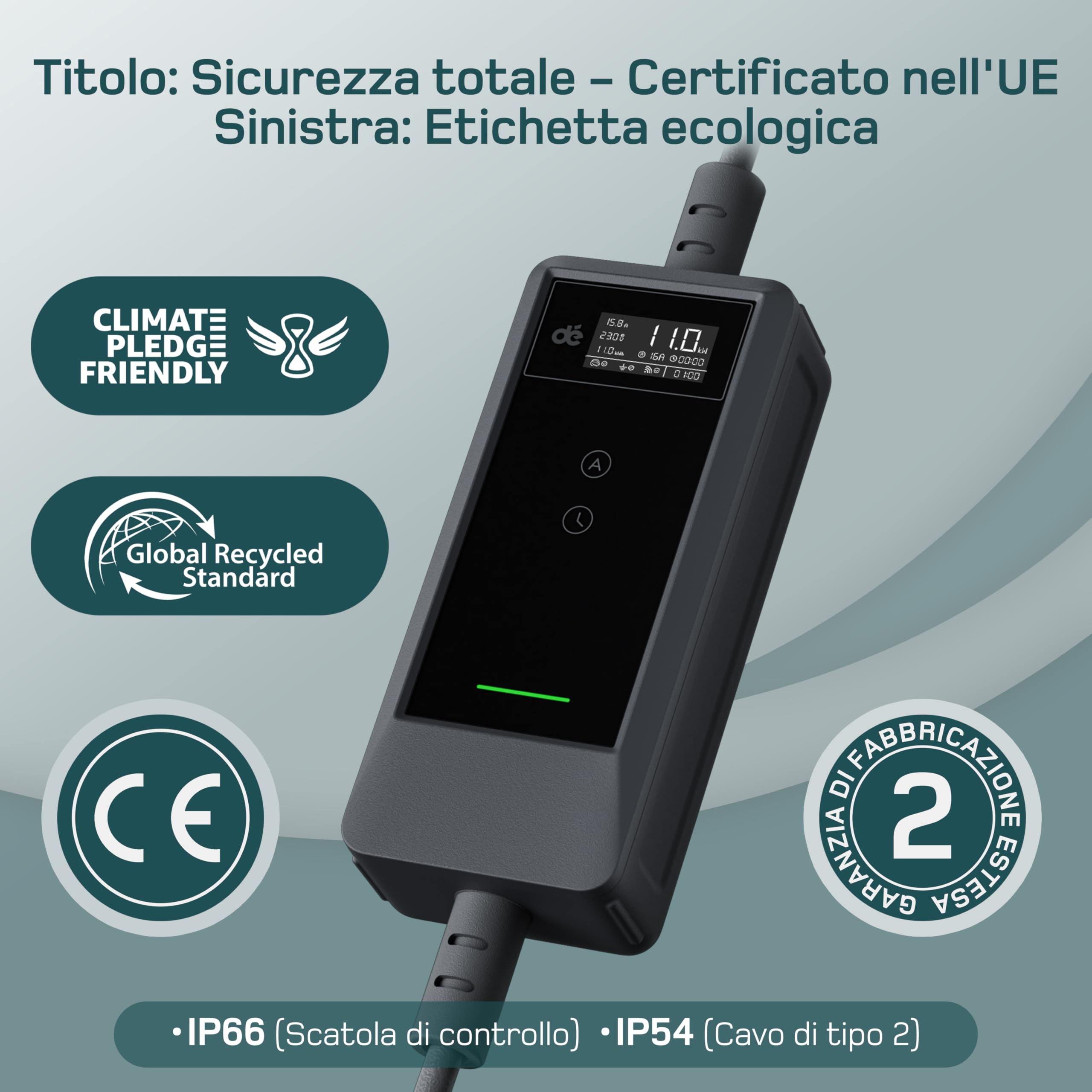 dé Wallbox 11kW App [Trifase| 7m| 6-16A] Cavo Ricarica Auto Elettrica Tipo 2 CEE 11kW, Stazione Carichino Auto elettrica Mobile Compatibile con Model Y, Model 3 e Altri EV/PHEV