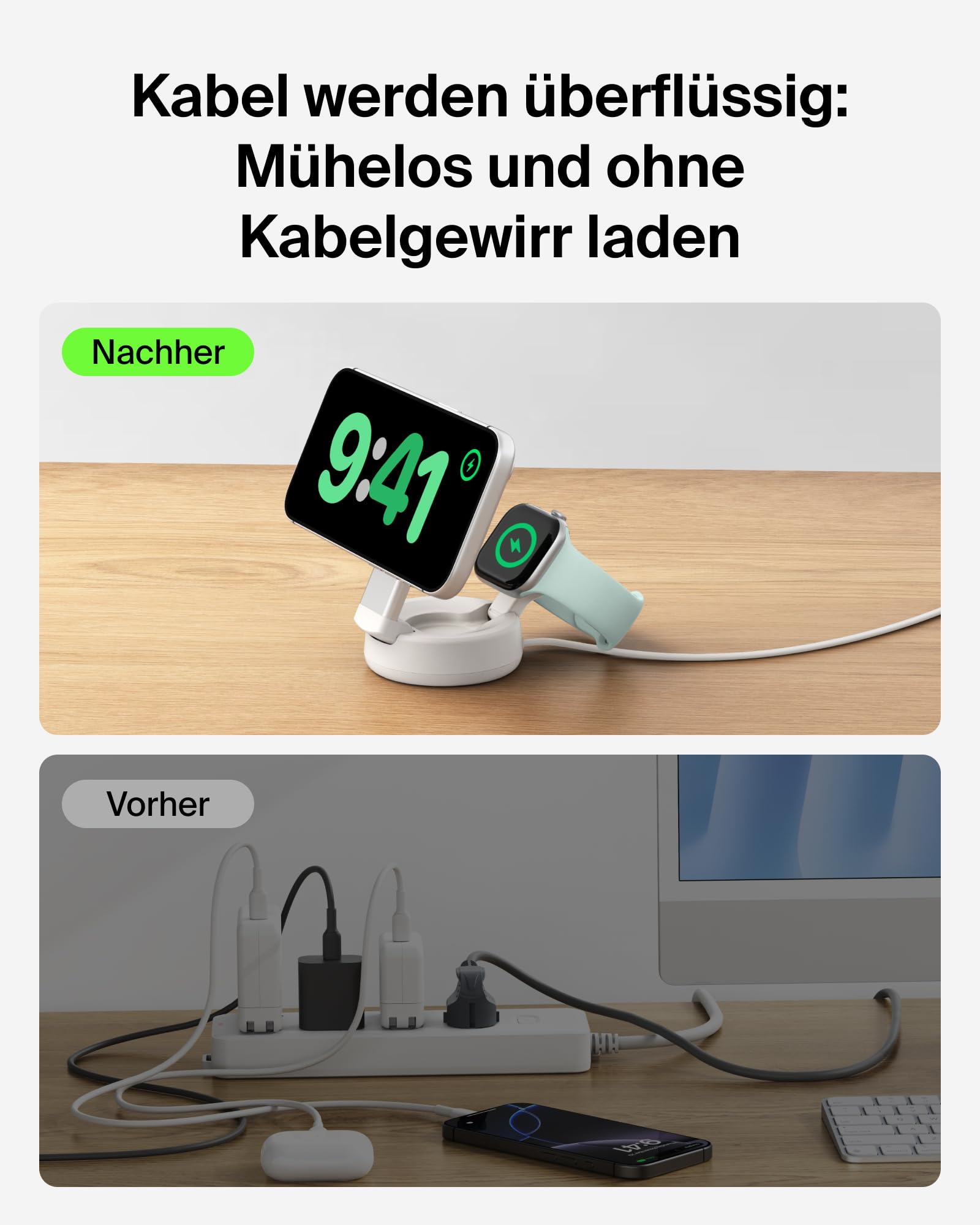Belkin UltraCharge Pro 2-in-1 Qi2 Induktive Ladestation, 25W – Sandfarben | Verstellbar, Qi2.2-zertifiziert, MagSafe Kompatibles Kabelloses Ladegerät für iPhone, Apple Watch, Ohrhörer, mit 45W Netzteil