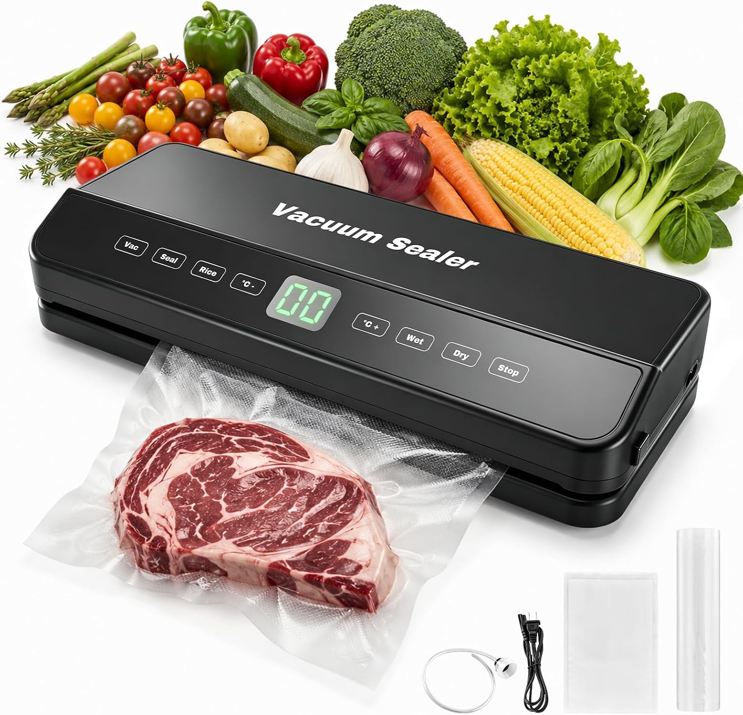 Stillstorm Vacuum Sealer Machine, Multifunctional Vacuum Sealer for Food | Wet & Dry Food Sealing for Food Sealing，Heat Sealing，Built-in cutter， Includes 1 roll of bags and 20 individual sealable bags