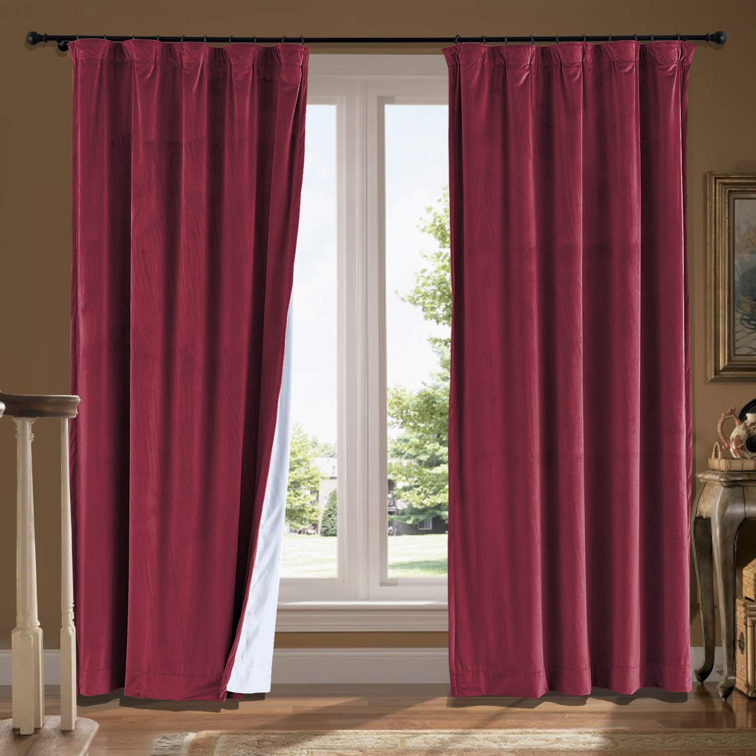 cololeaf Extra Long and Wide Velvet Curtains Flat Hooks Blackout Lined Curtain Thermal Insulated Patio Door Curtain Panel Drape for Traverse Rod and Track, Burgundy Red 150W x 96L Inch (1 Panel)
