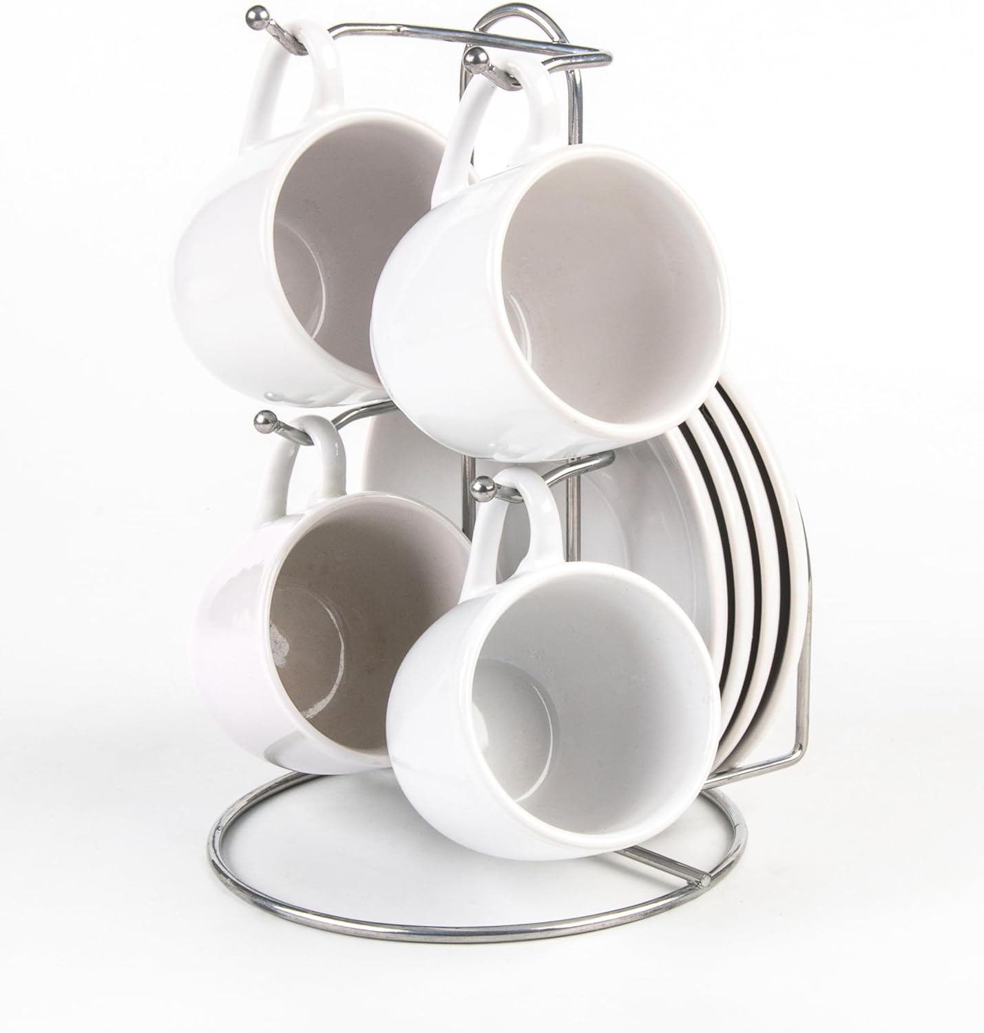 Bene Casa 13-piece Espresso set with metal stand, 4 espresso cup set, cup and saucer set,4-person espresso set, dishwasher safe, White High Glaze