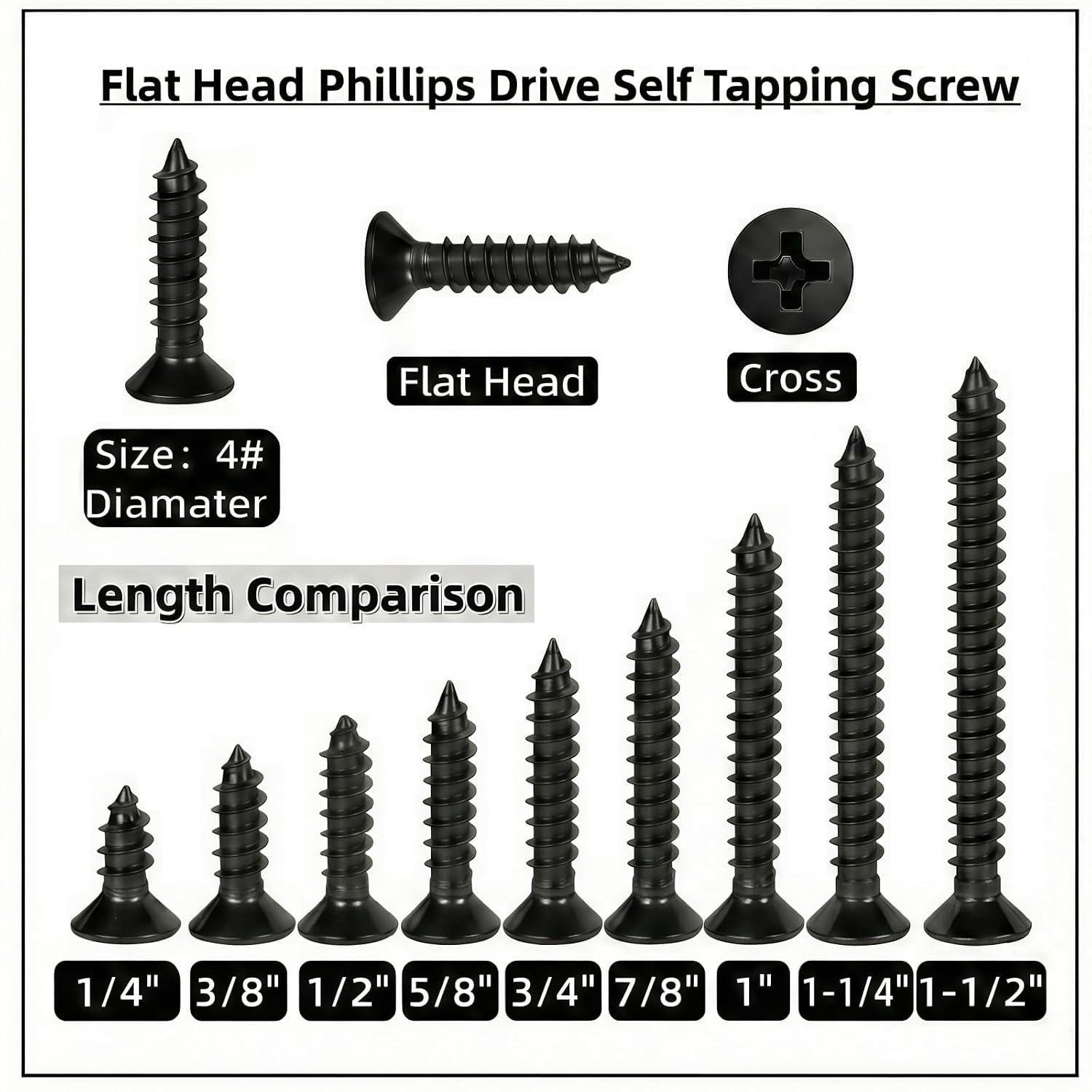 #4 x 1/4 [100 Pack] Flat Head Phillips Drive Self Tapping Screws, Sheet Metal Screws, Black Oxide, 304 Stainless Steel (18-8), Corrosion Resistant Screw for Wood, Sheet Metal and More