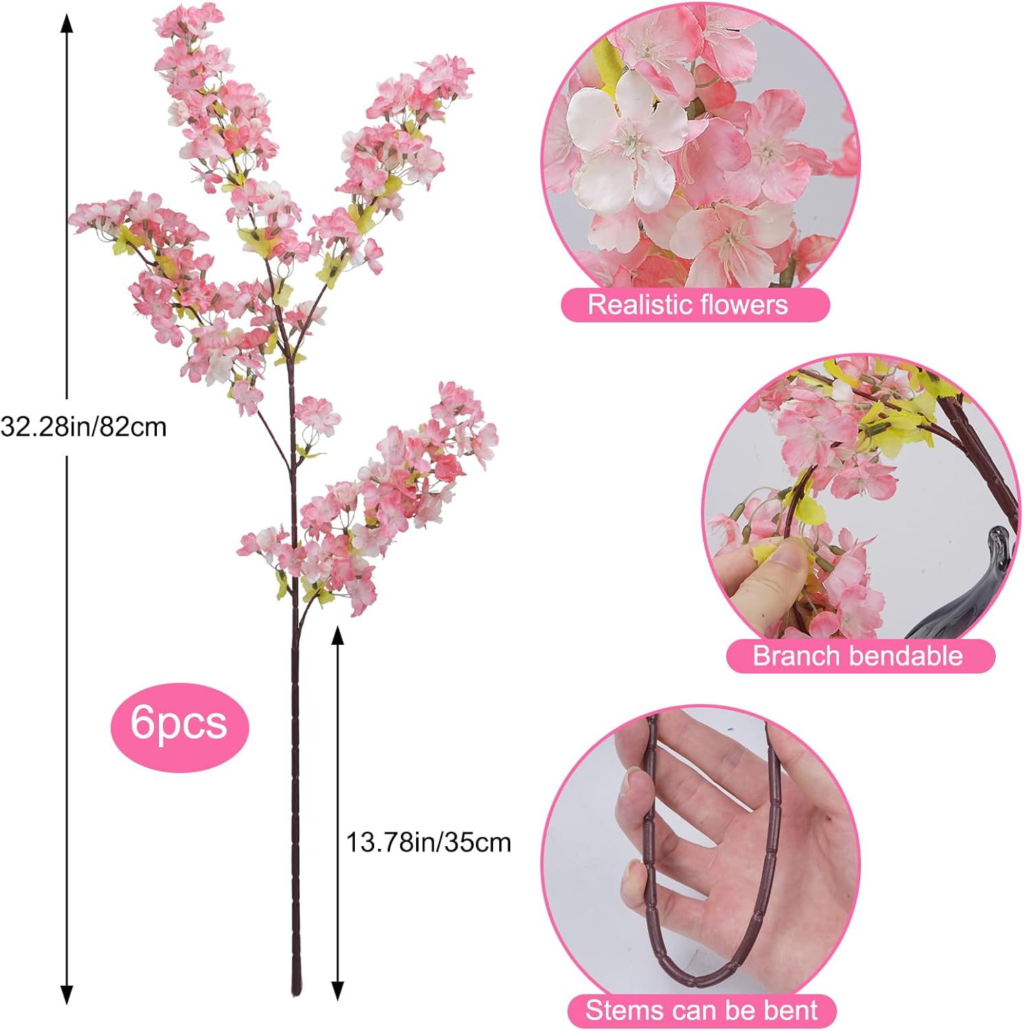 6Pcs Cherry Blossom Branches, Long Stem Artificial Cherry Blossom for Tall Vase, 33" Faux Cherry Blossom Branches for Home Living Room Office Wedding Party Hotel Decoration (Pink)