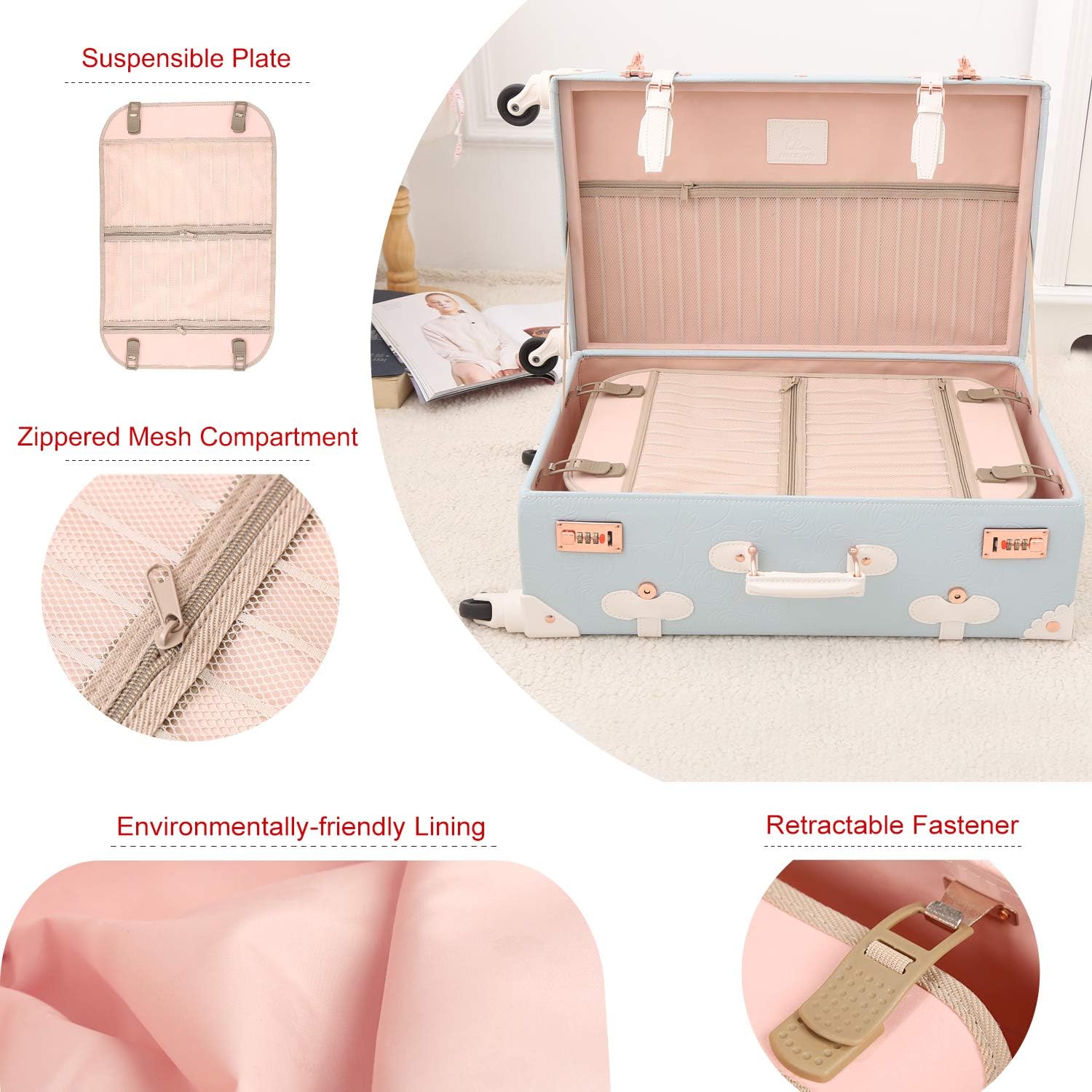 review Mosslanda UNIWALKER 2 Piece Vintage Luggage Set Women Cute Carry On Suitcase for Travel with Spinner Wheels, Embossed Blue