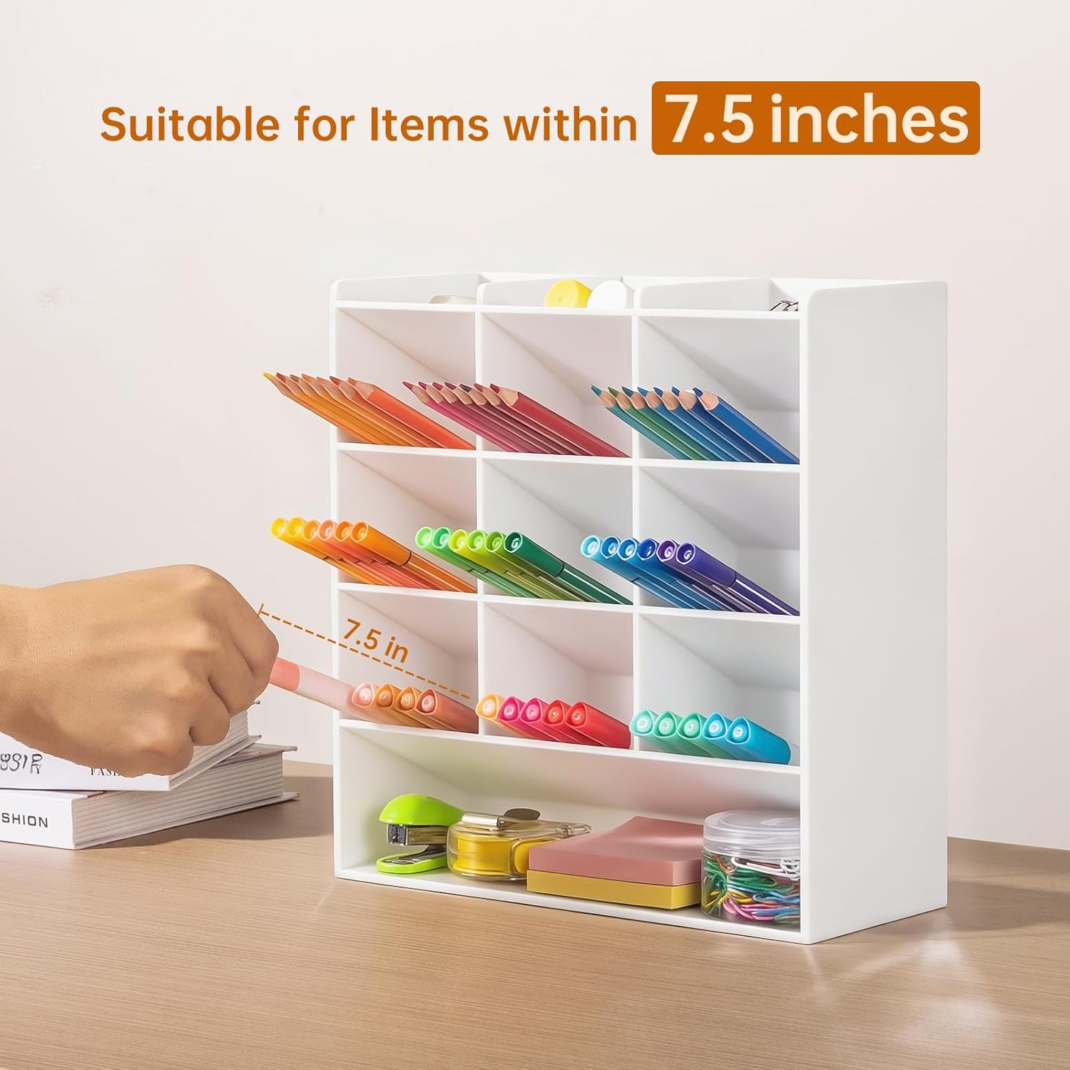 BEYGORM White Acrylic Vertical Marker Organizer for 150 Markers with 13 Compartments, Angled Pen & Pencil Holder, Large Desk Stationery & Art Supply Storage for Office & School (10.2 x 9.8 x 4 Inch)