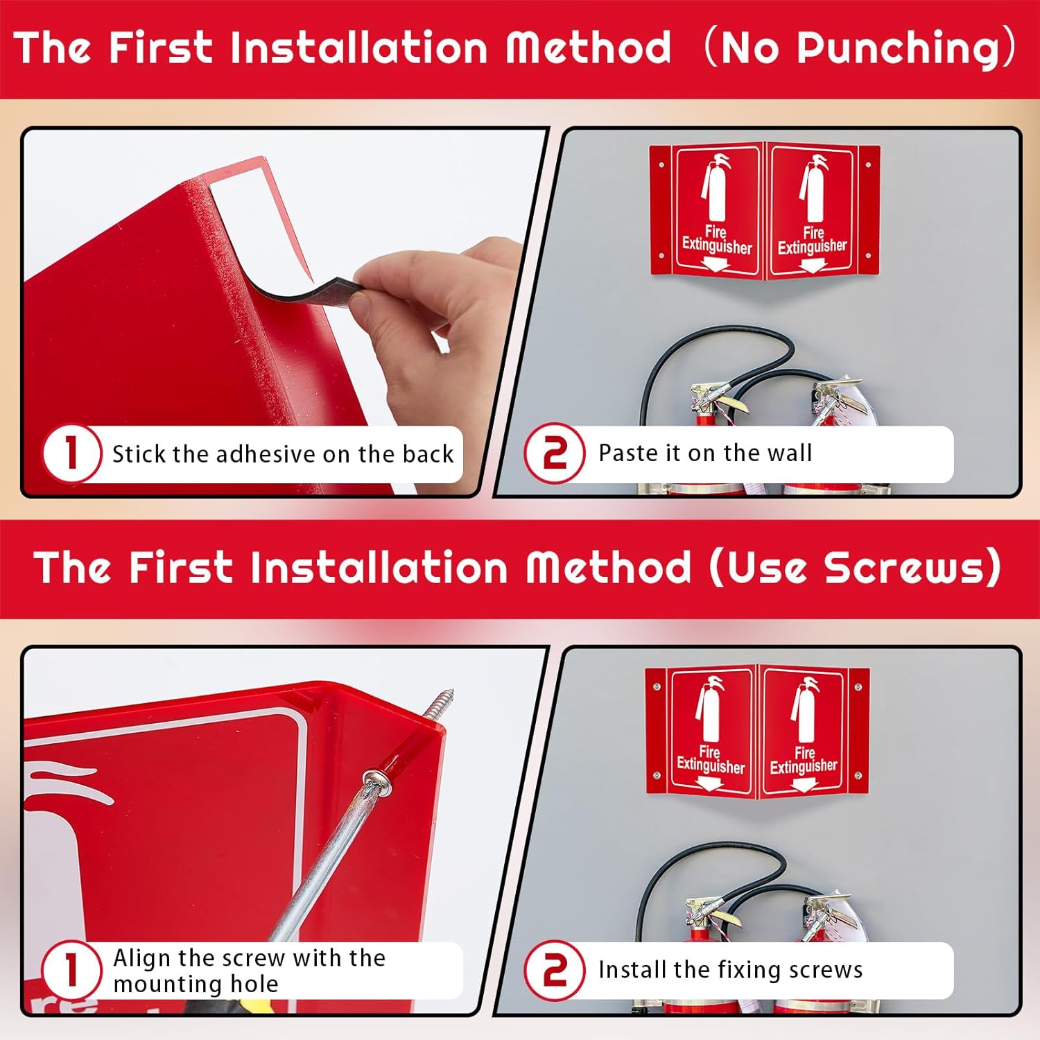 Soaoo 8 Sets 3D Fire Extinguisher Sign with Down Arrow 11.34" x 6.3" Two-sided Acrylic Projecting V-sign Pre Drilled Mounting Hole, Screw with Washer Double Sided Tape Home Office Business
