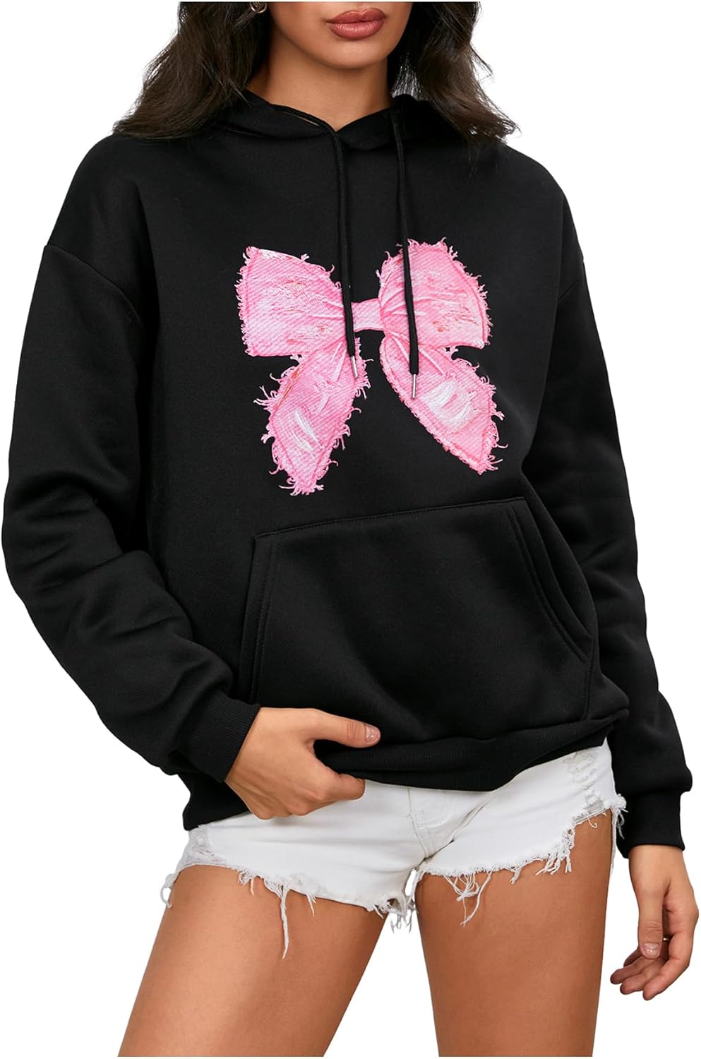 MakeMeChic Women’s Bow Printed Hooded Sweatshirt Long Sleeve Fall Pullover Hoodie with Pocket