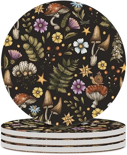Miniatura 30 de Posavasos botánicos, posavasos redondos de cerámica redondos, 4 unidades, diseño de plantas vintage, diseño botánico de dibujos animados, hongos