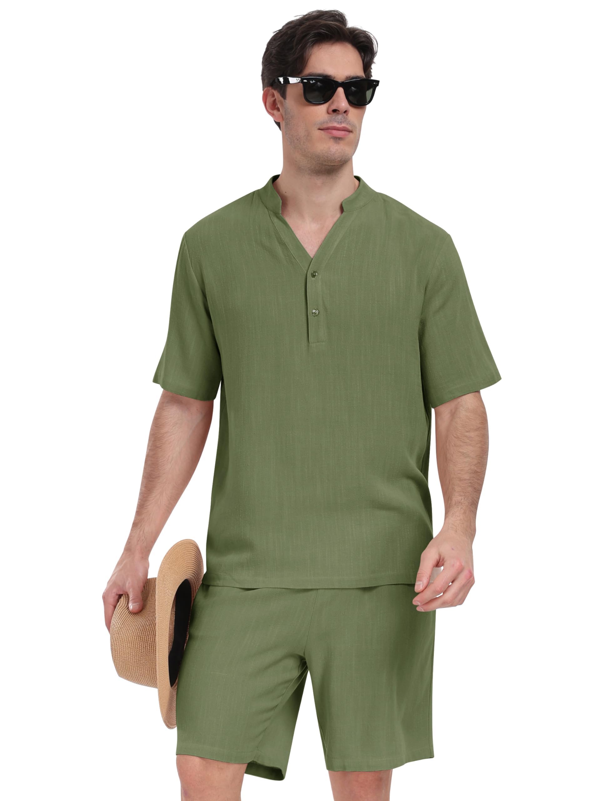 MoFiz Conjunto de Camisa y Pantalones Cortos de Algodón y Lino Para Hombre Ropa Casual de Verano Conjunto de 2 Piezas