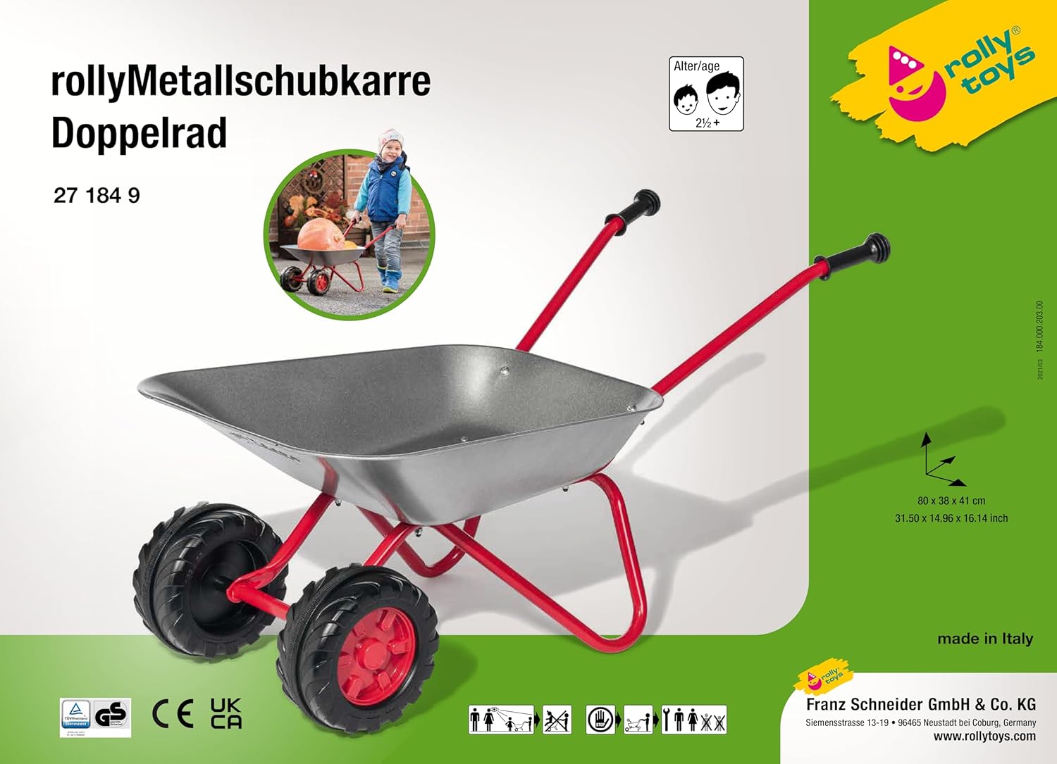 Rolly Toys Wheelbarrow with Double Wheel, Comfortable Handles, Holds up to 25 kg, Children Toy from 2 ½ Years, Metal, Silver
