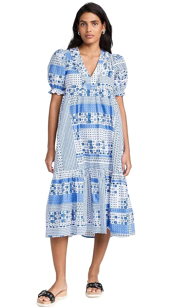 English Factory Geometric Print Tiered Midi Dress, Blue, XS English Factory Geometric Print Tiered Midi Dress, Blue, XS